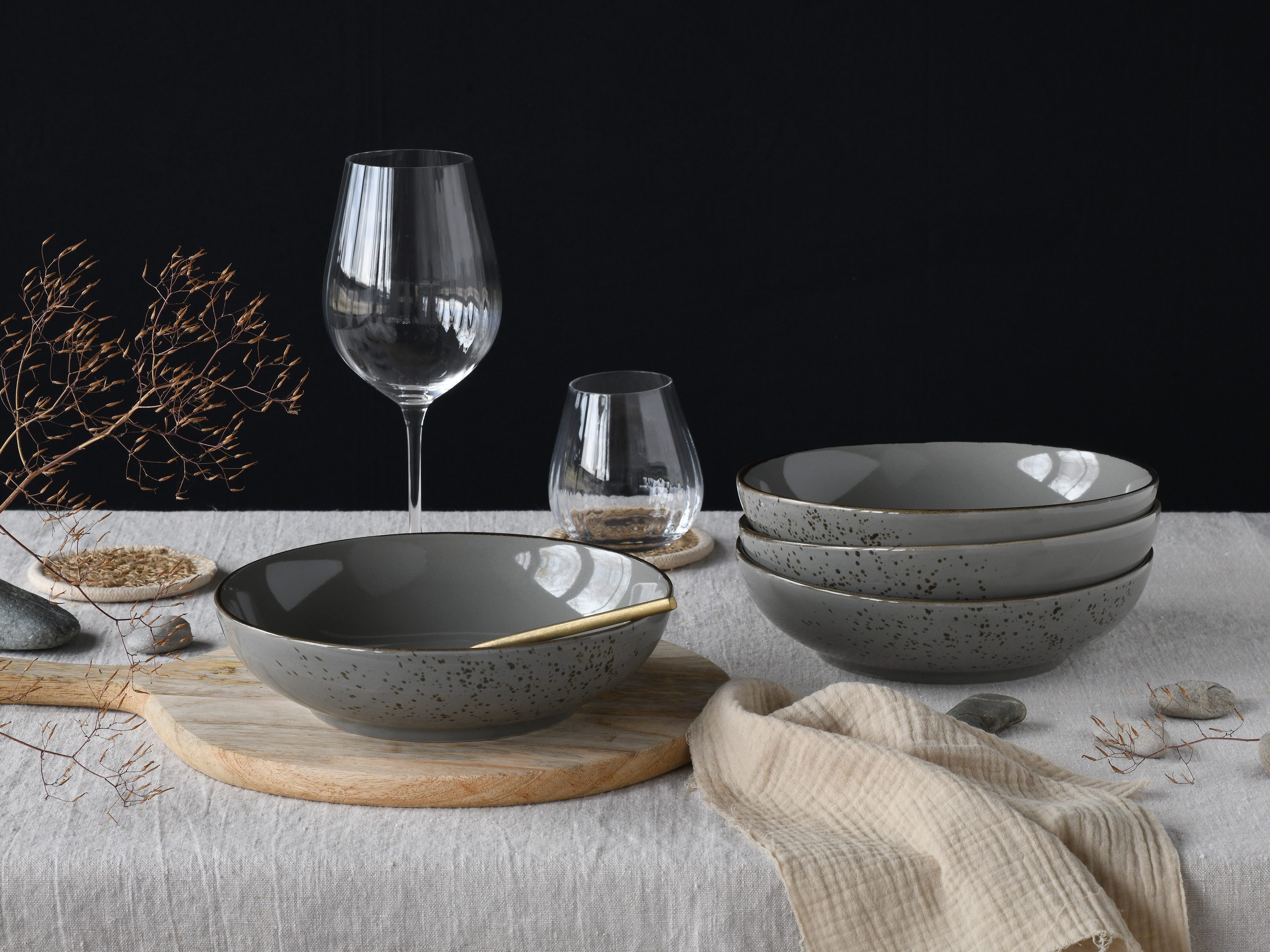 CreaTable Schale Nature Collection, Poke Bowl, Ø 22,5 cm, 4-tlg, Steinzeug, (Set, 4-tlg), Handwerklicher Look, Vintage, Höhe 6 cm