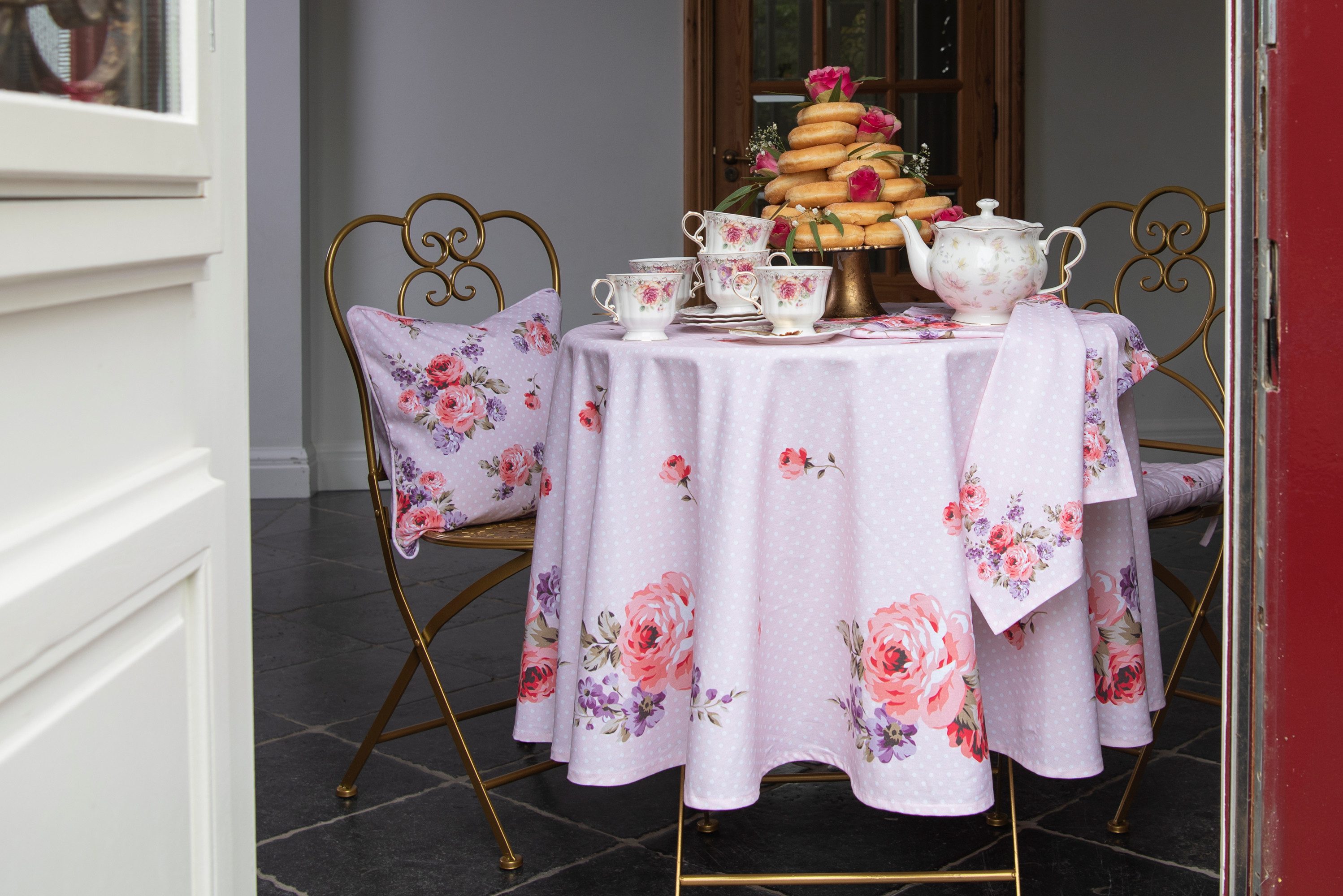 Clayre & Eef Tischdecke Dotty Rose (Set 1-tlg, 1-teilig), runde Tischdecke Ø ca.170cm Baumwolle