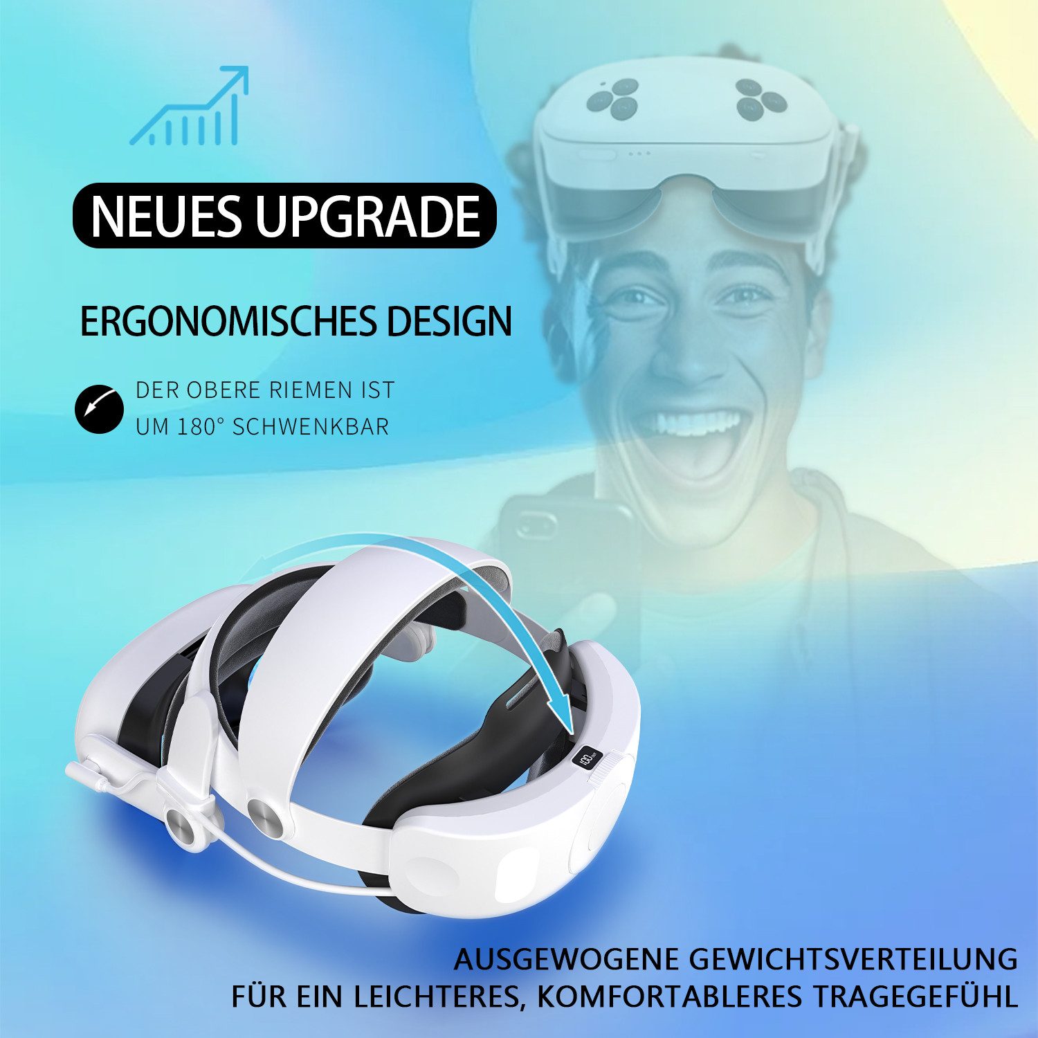 Tekoo VR Brillen-Halterung VR Headset Kopfband mit Akku 10000 mAh für Quest 3/3S, (Packung, 3-teiliges Set mit Kopfband, USB-C-Ladekabel und Anleitung, 10000 mAh Akku, USB-C, verstellbar, PU-Leder-Polster)