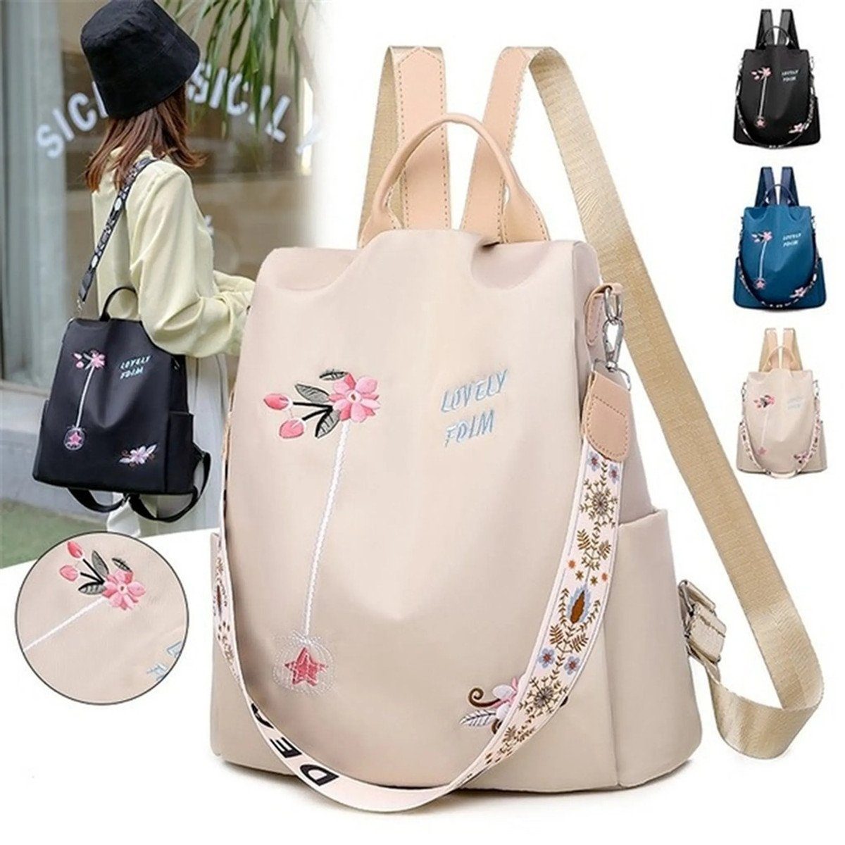 XDeer Daypack Damen-Rucksack mit Blumenstickerei,Wasserdichte Schultasche mit Oxford-Druck,täglicher Reise-Anti-Diebstahl-Schulterrucksack mit hoher Kapazität (Set) beige