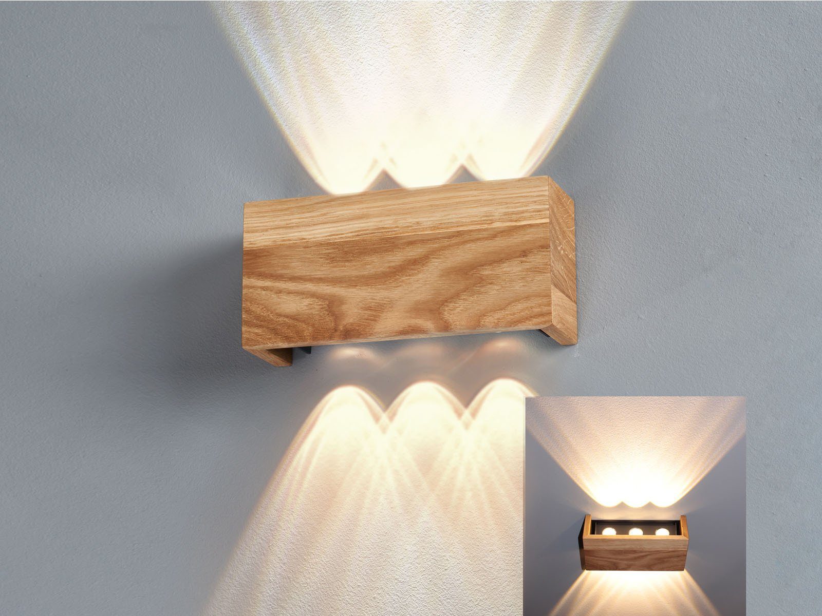 indirekte LED Warmweiß, Wandleuchte, 2er innen Wand-Beleuchtung 21cm meineWunschleuchte Holz-Lampen LED flach, SET fest integriert, breit