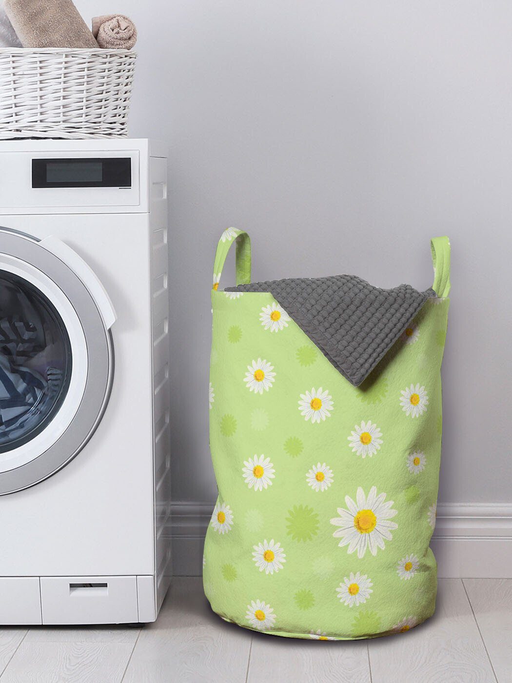 und Wäschekorb für Waschsalons, Frühlings-Gänseblümchen Kordelzugverschluss Griffen Wäschesäckchen Grün Gelb Abakuhaus mit