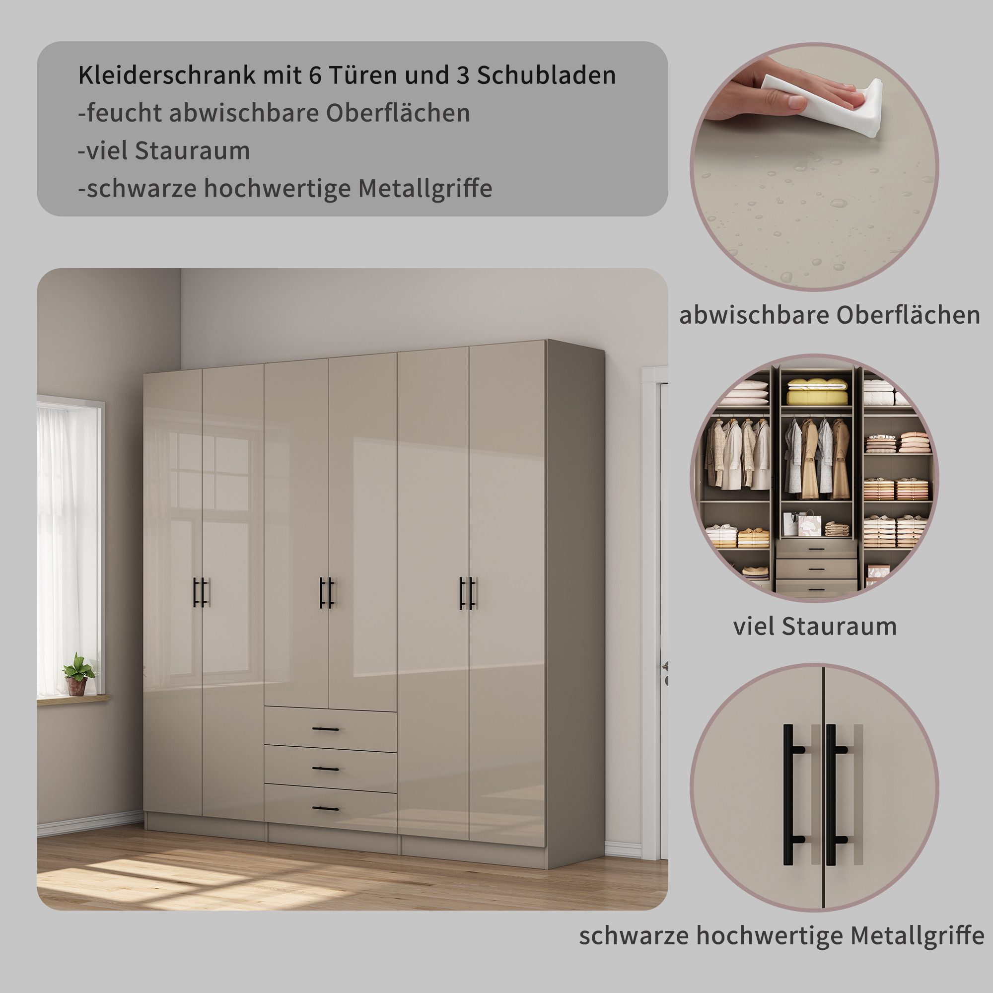 OTTO home Kleiderschrank Trento Schlafzimmerschrank Garderobe hochglanz (in 2 unterschiedlichen Schrankhöhen wählbar) Schrank mit 6 Türen und 3 Schubladen, hochglanz Fronten, Höhe 2,39m