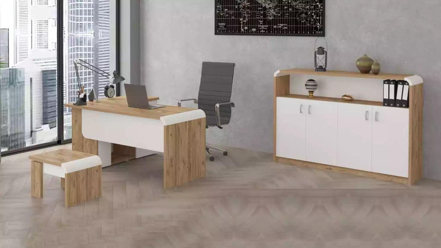 JVmoebel Büromöbel-Set Büromöbel in Holzoptik mit Schreibtisch und Stauraum, (3-tlg., Eckschreibtisch, Couchtisch, Schrank), Made in Europa