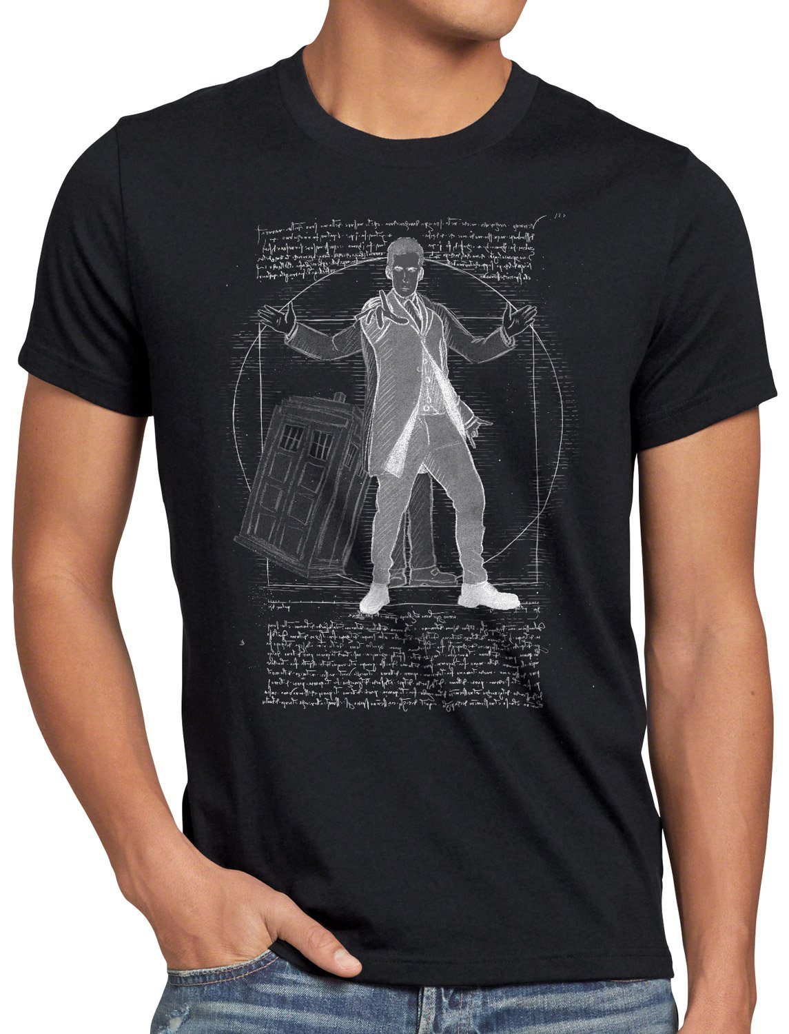 style3 Print-Shirt Herren T-Shirt Vitruvianischer Doktor zeitreise serie polizei notrufzelle schwarz