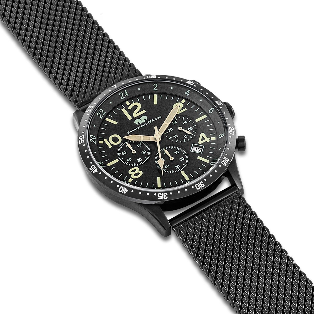 schwarz, Rhodenwald Flight Chronograph Edelstahl-Armband & Captain mit Söhne