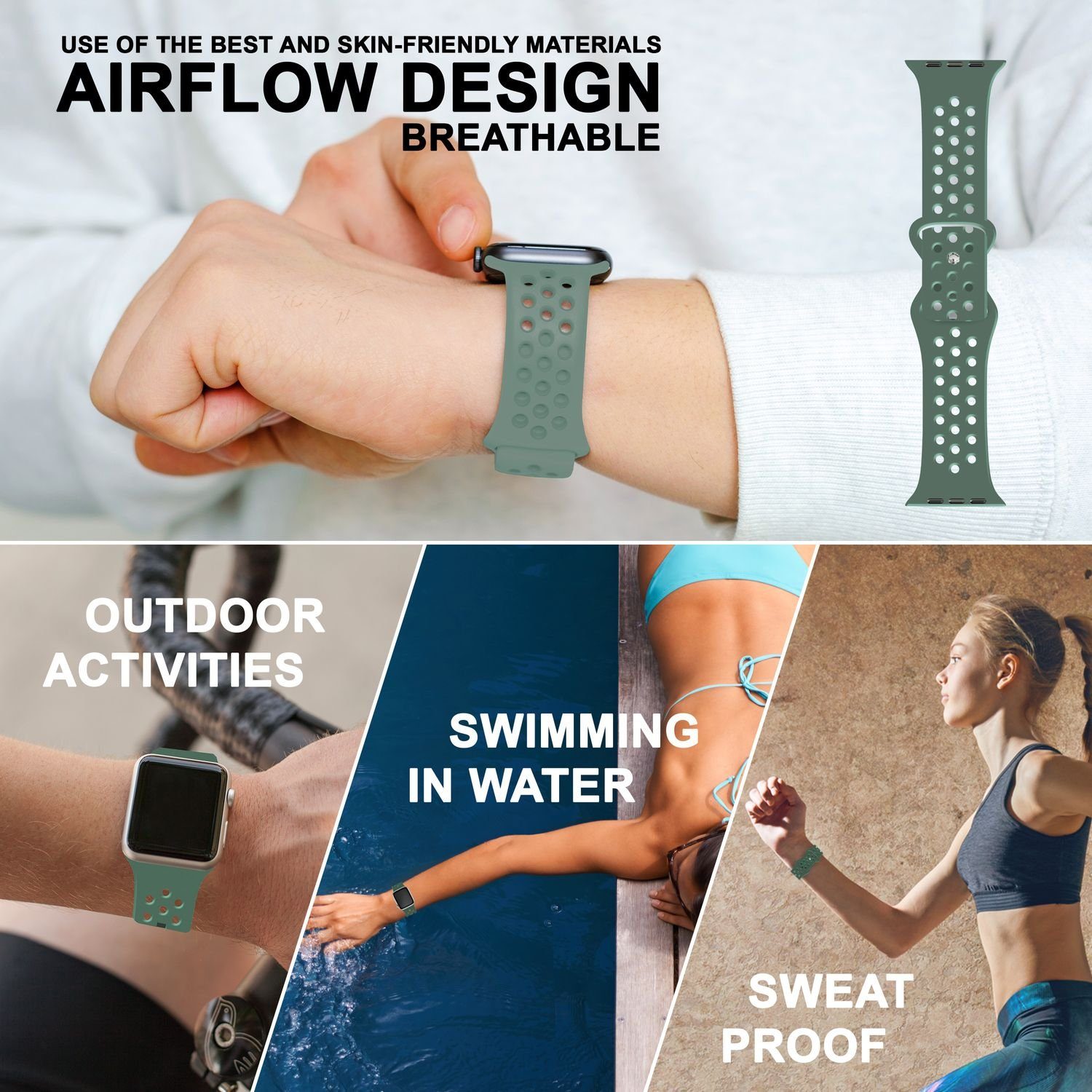 Nalia Smartwatch-Armband Apple Watch 38mm/40mm/41mm, Fitness Ersatzband Grün für Silikon Uhr Gelochtes / Sport Atmungsaktiv 