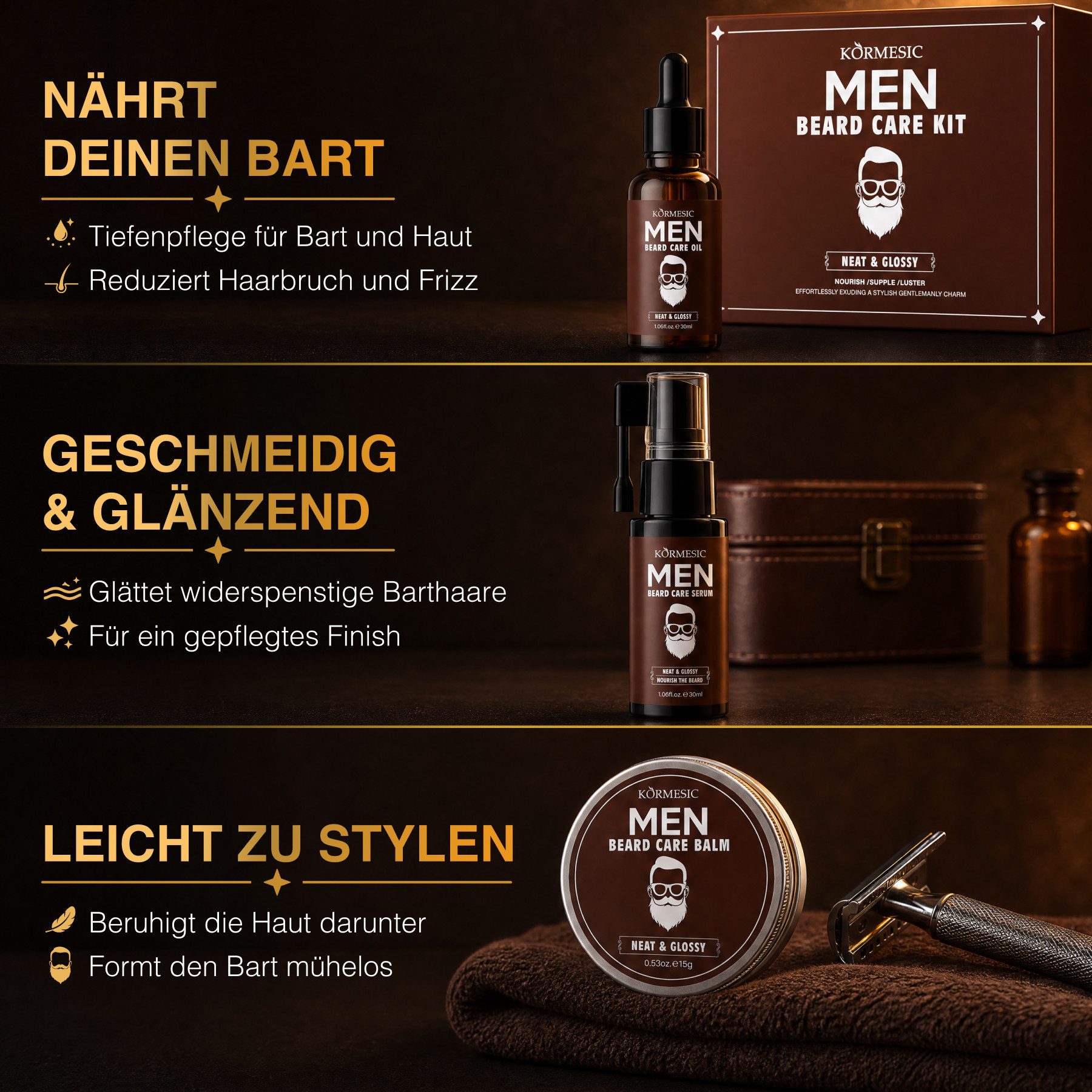 KORMESIC Bartpflege-Set mit Bartöl Pflegebalsam Serum Wachs Geschenkset für Männer, 3-tlg., Oil, Serum, Balm, Bartpflege, Bartset, Duft