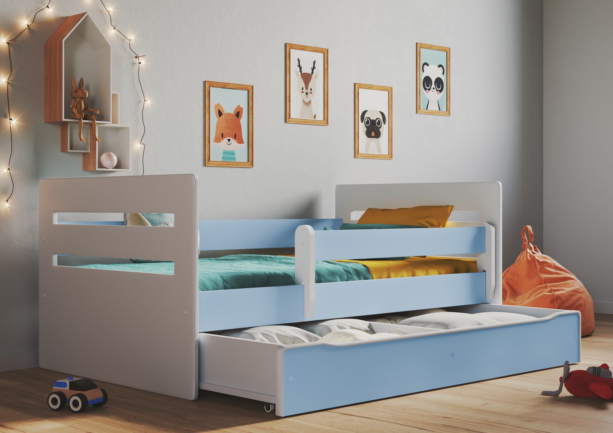 Kinderbett 80x160cm Juniorbett mit Rausfallschutz Bettgestell Stauraum Bett Holz 
