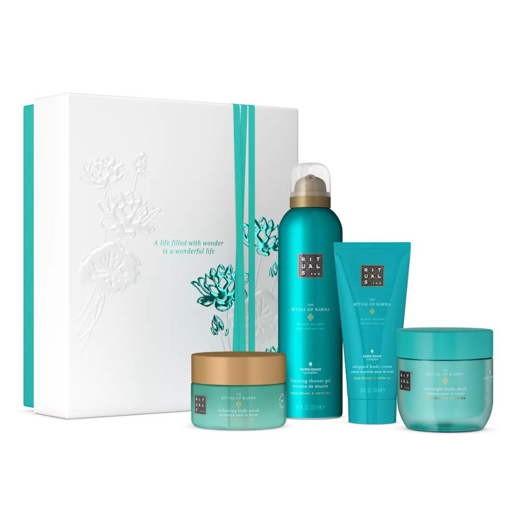 Rituals Pflege-Geschenkset Rituals Karma Geschenkset M – 4-teilig mit sommerlicher Pflege, 4-tlg., Sommerliches Karma Set mit Lotus & weißem Tee – feuchtigkeitsspendend