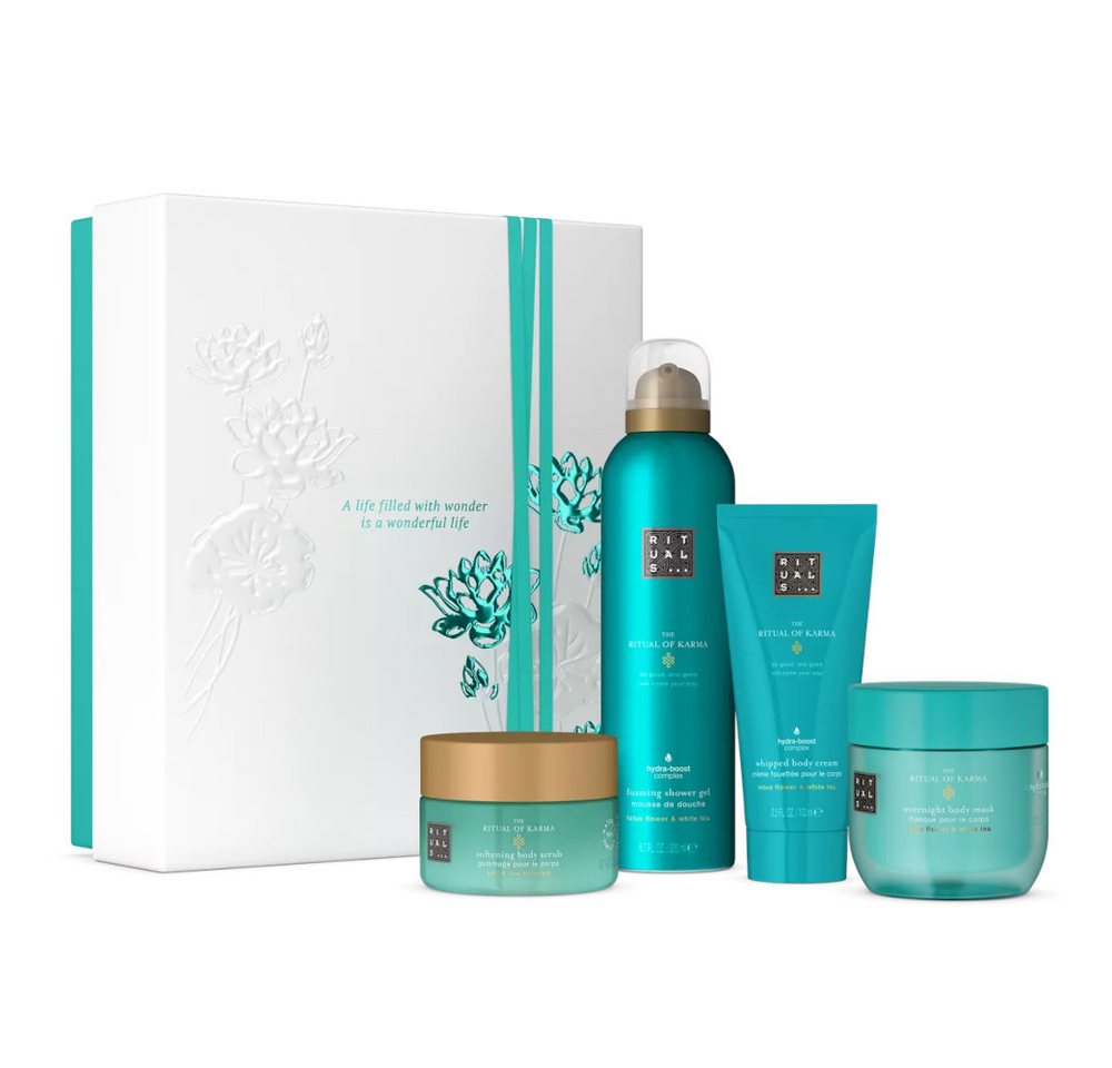 Rituals Pflege-Geschenkset Rituals Karma Geschenkset M – 4-teilig mit sommerlicher Pflege, 4-tlg., Sommerliches Karma Set mit Lotus & weißem Tee – feuchtigkeitsspendend