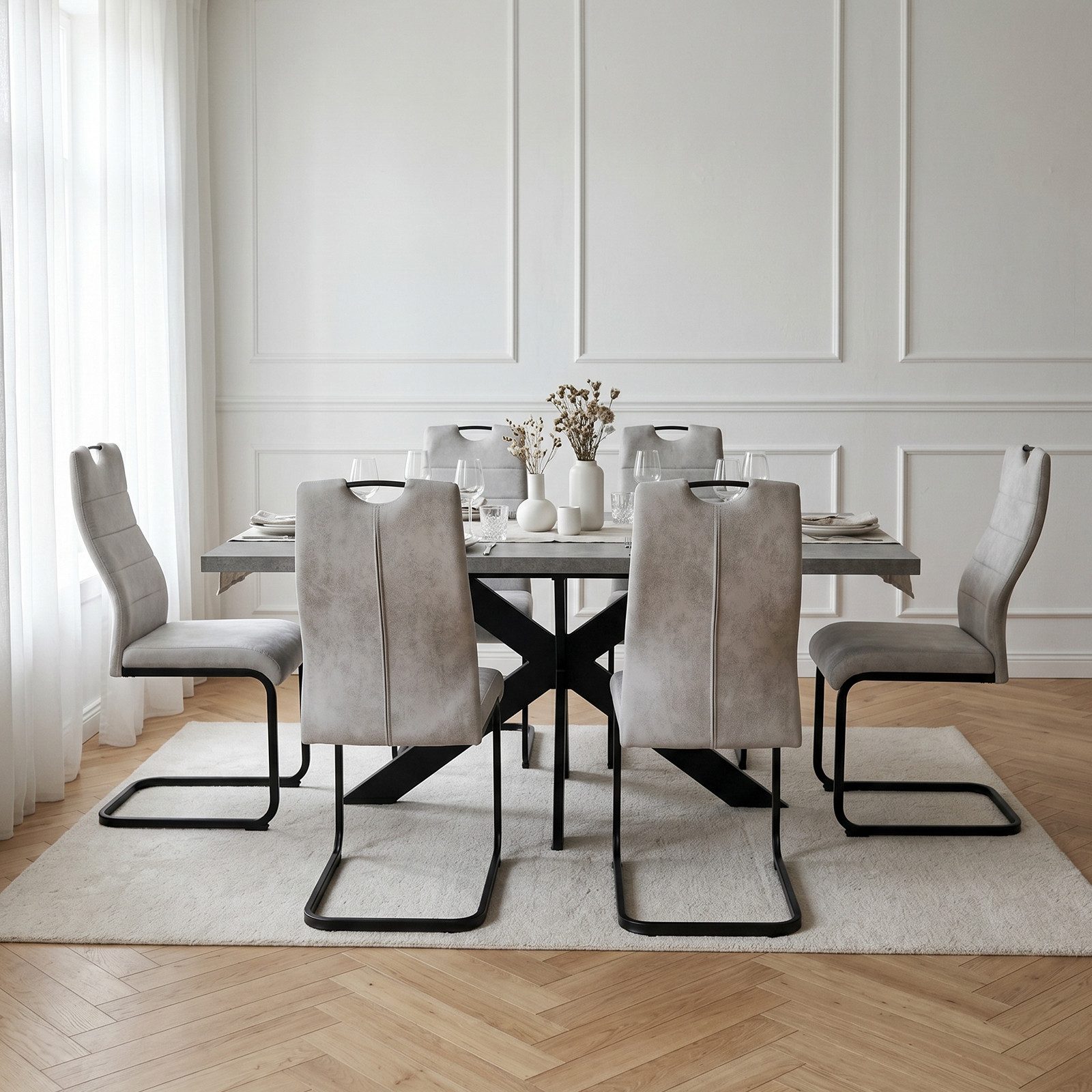 Jiexi Essgruppe Tisch-und Stuhlset, Ausziehbarer Esstisch (160–200 cm) mit 6-8 Stühlen