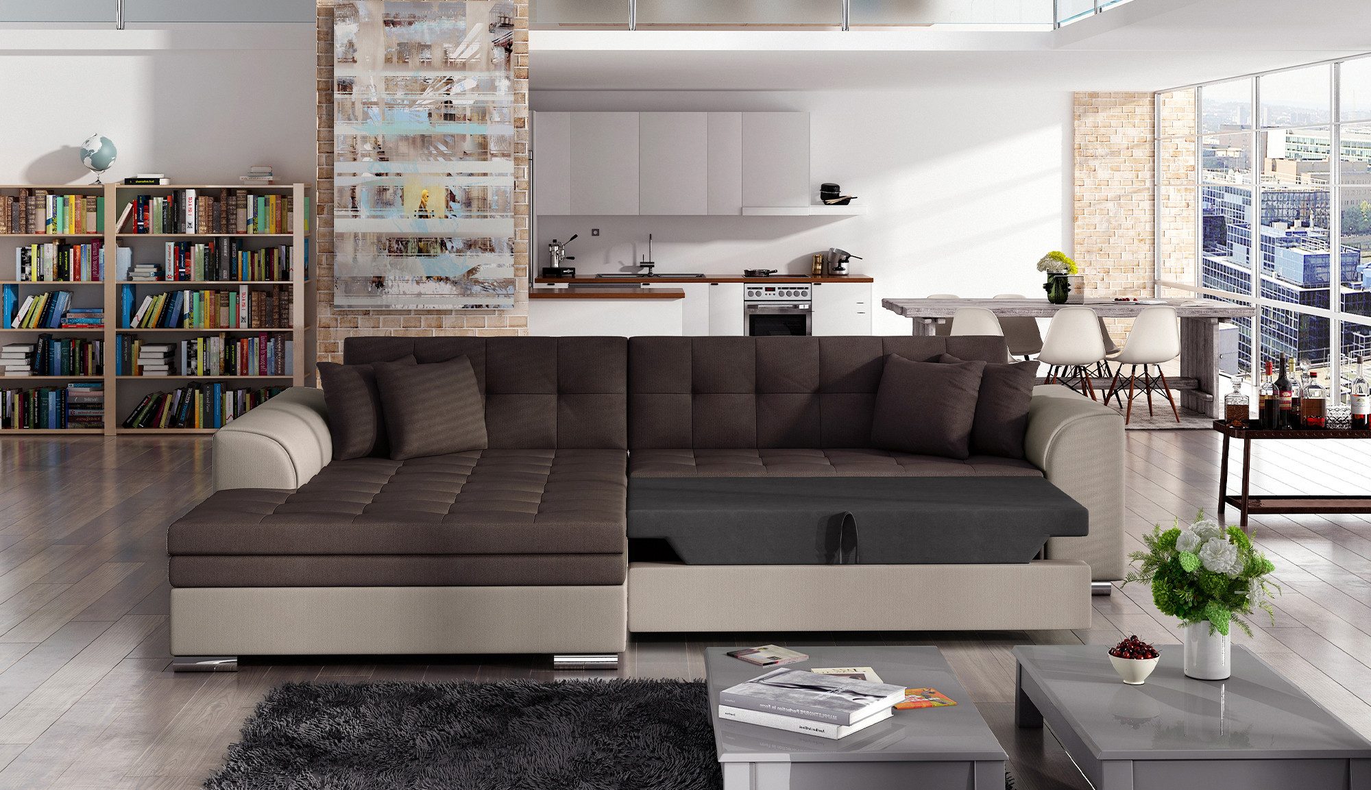 MF Design Ecksofa Ecksofa mit Schlaffunktion in Webstoff, Dolphin / false / Ja