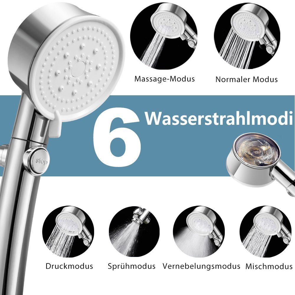 BUMHUM Duschbrause Handbrause Hochdruck Duschkopf Wassersparende Turbo ABS-Material), (Eingebauter langlebiges Rotierende Schnittstelle, 6Modi, Handbrause mit universelle Badezimmer, Turbolader, Handbrause Duschkopf Ein-Knopf-Wasserstopp, Duschbrause, Hochdruck