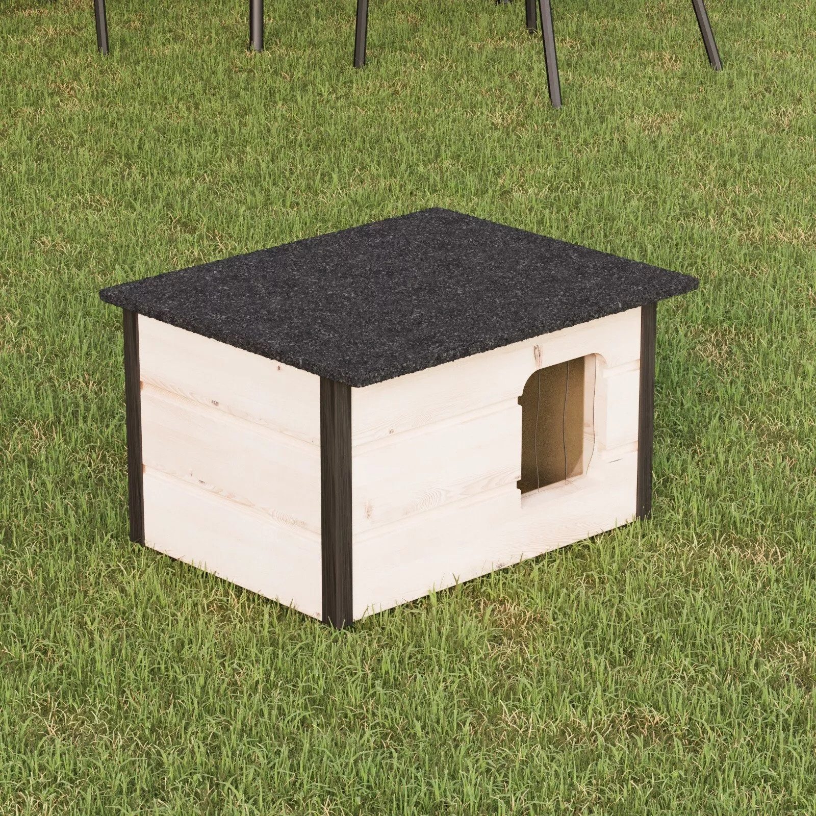 QLS Tierhaus Katzenhaus aus Holz isoliert 57x47 cm, Katzenhütte Katzenhöhle Outdoor mit Vorhang