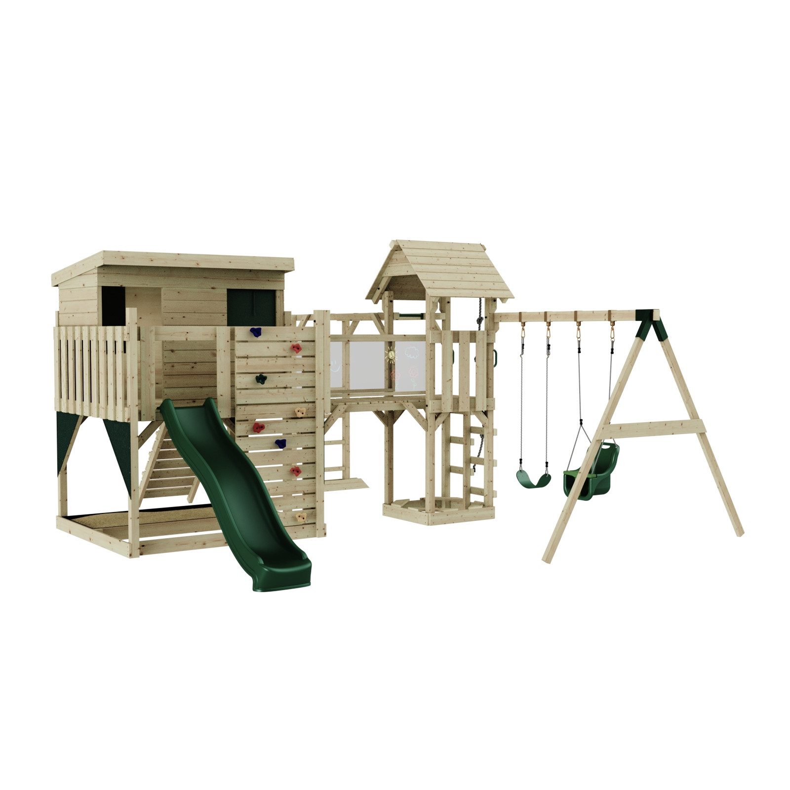OutdoorToys Spielturm Johanna, aus Holz in Dunkelgrün mit Babyschaukel & Rutsche