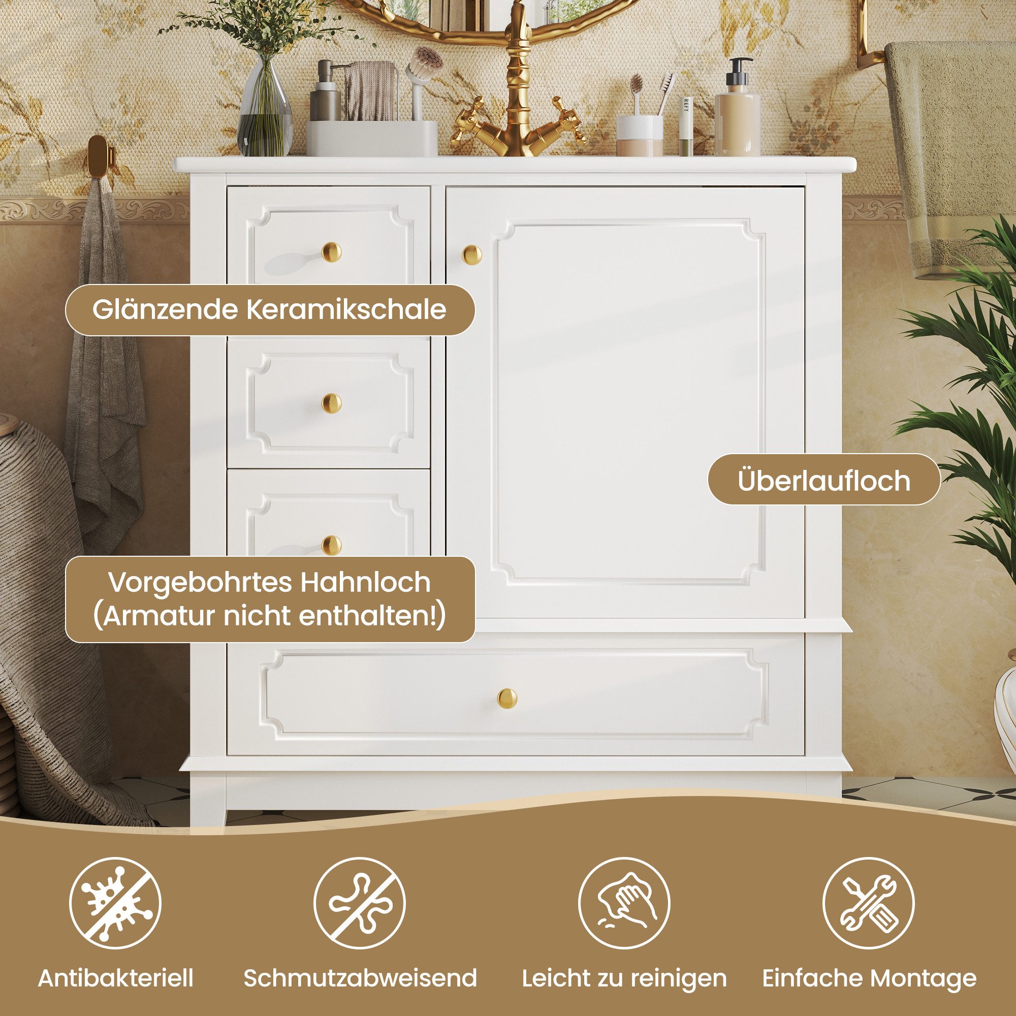 TavilaEcon Waschbeckenschrank Moderner Badschrank mit Waschbecken und Aufbewahrung (1-St) mit Keramik-Waschbecken, weiß – Bild 5 von 5