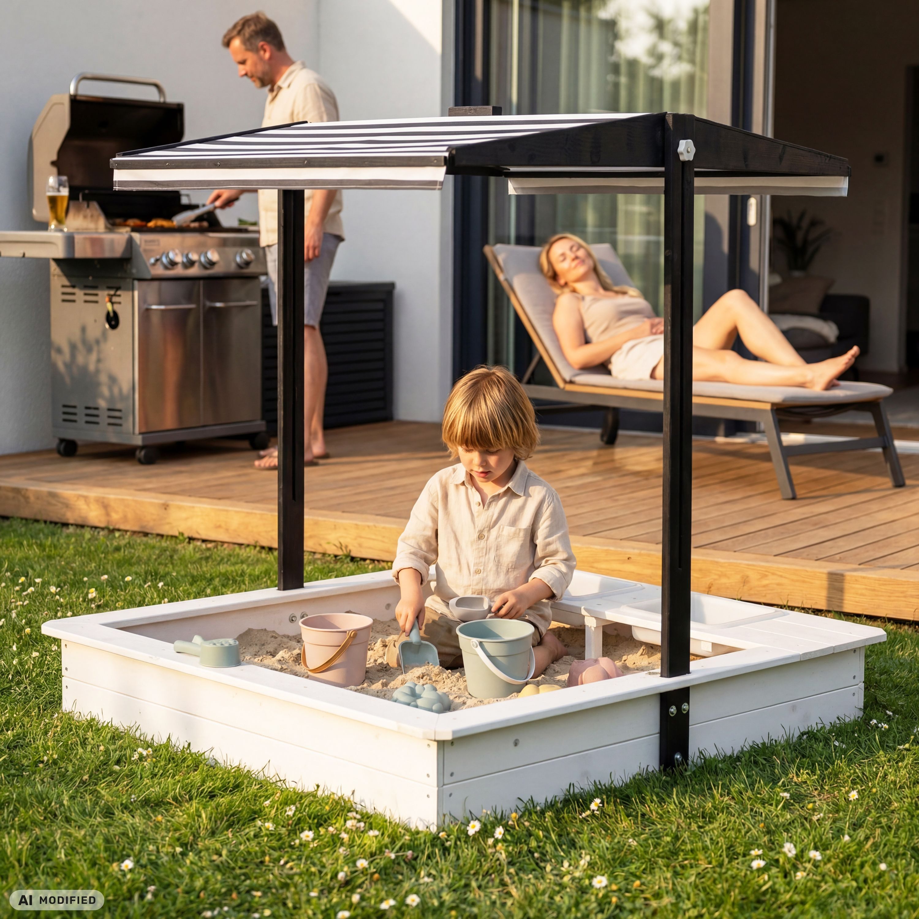 WONDERMAKE Sandkasten mit Abdeckung Deckel Dach, 2x Matschküche, Boden Vlies Sandkiste Holz, Design mit Bank quadratisch verschließbar Outdoor Garten schwarz weiß
