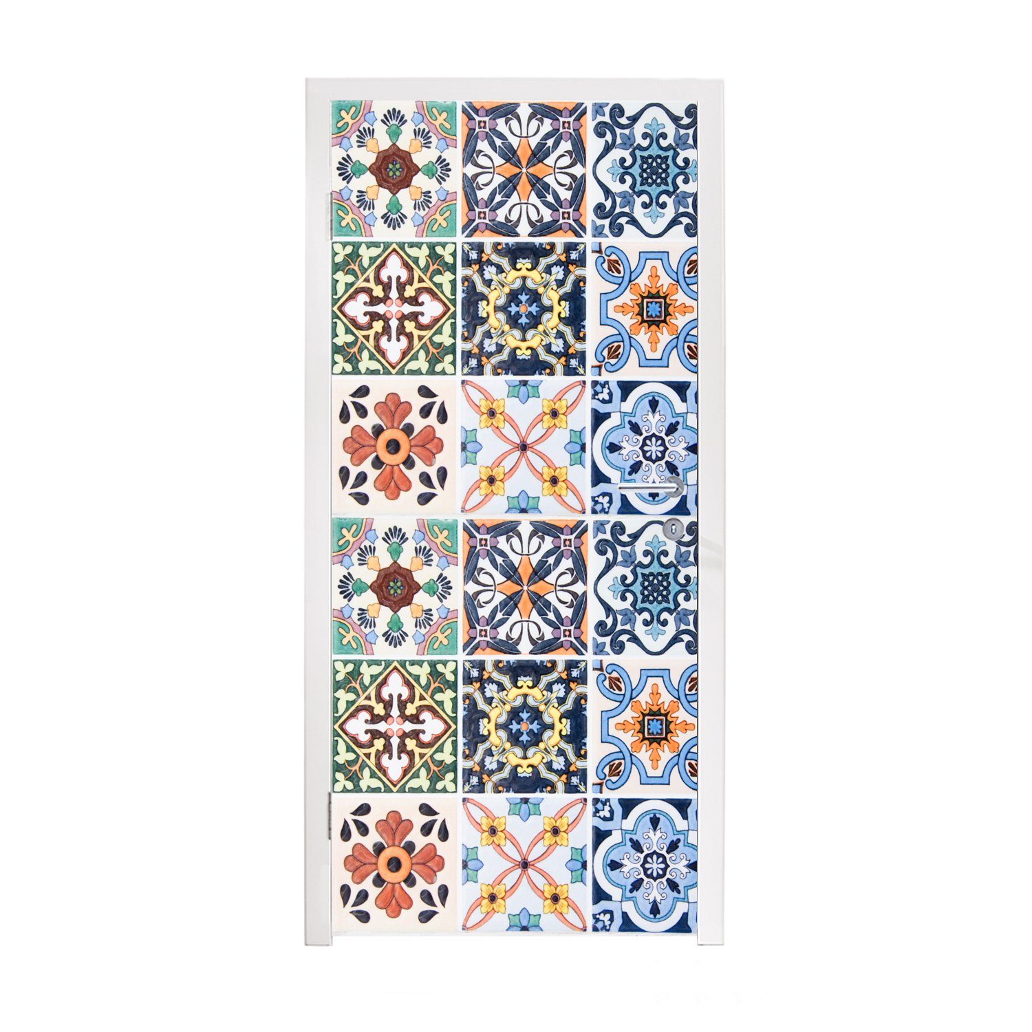 MuchoWow Türtapete Design - Blumen - Orange - Blau - Abstrakt, Matt, bedruckt, (1 St), Fototapete für Tür, Türaufkleber, 75x205 cm