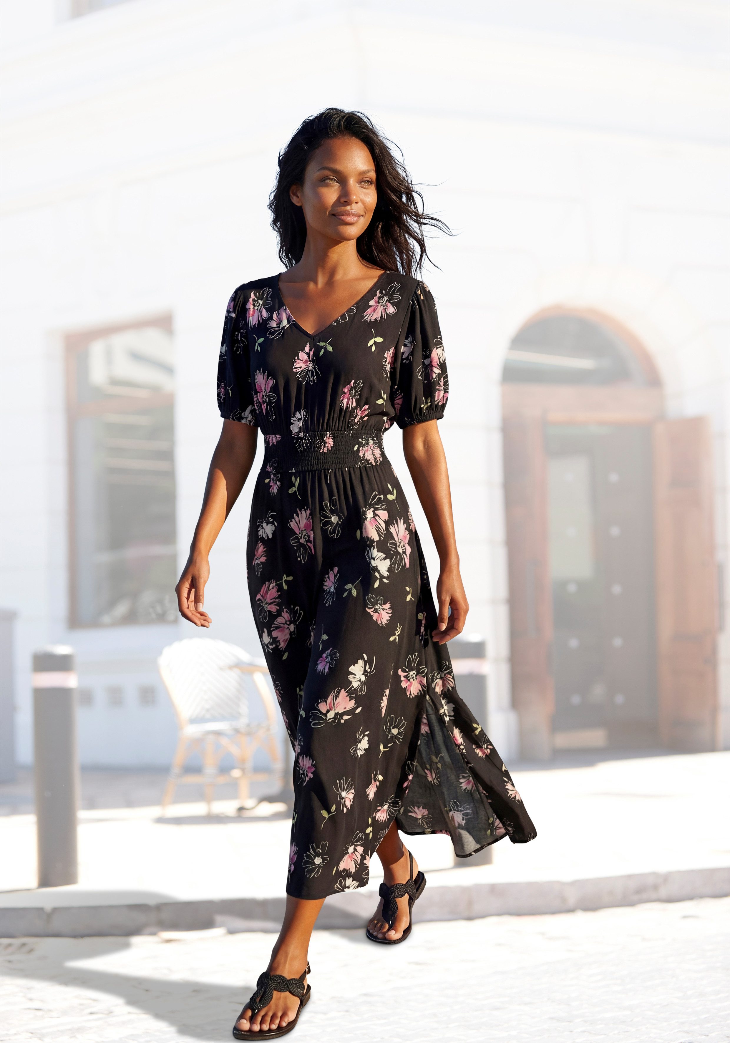 Vivance by Lascana Maxikleid mit Blumendruck und kurzen Puffärmeln geblümtes Sommerkleid, Strandkleid, Jerseykleid, casual