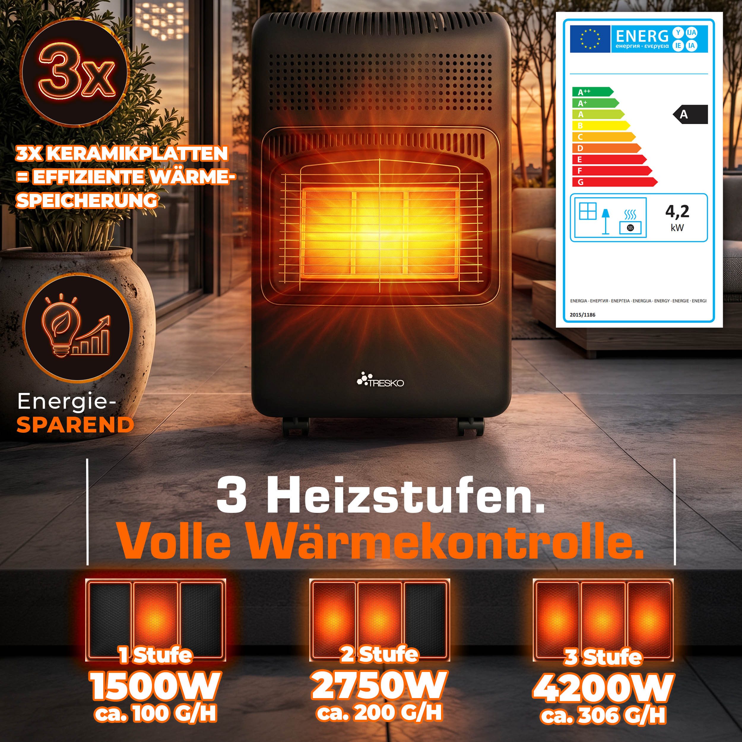 TRESKO Heizstrahler 4200 W Gasheizung + Abdeckung Gasheizer 3 Stufen Gasofen Gasheizofen – Bild 5 von 5