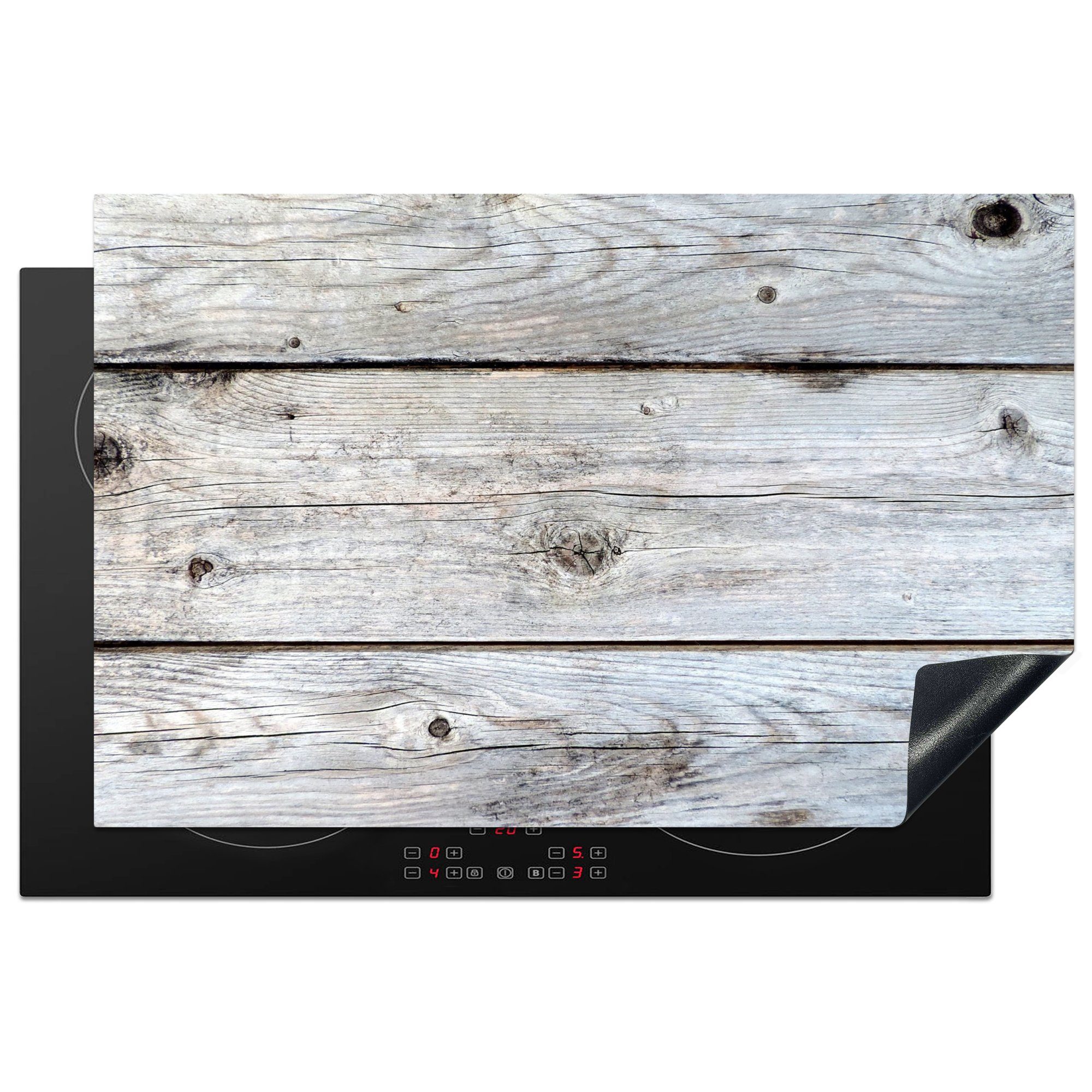 MuchoWow Herdblende-/Abdeckplatte Weiß - Holz - Regale, Vinyl, (1 tlg), 81x52 cm, Induktionskochfeld Schutz für die küche, Ceranfeldabdeckung