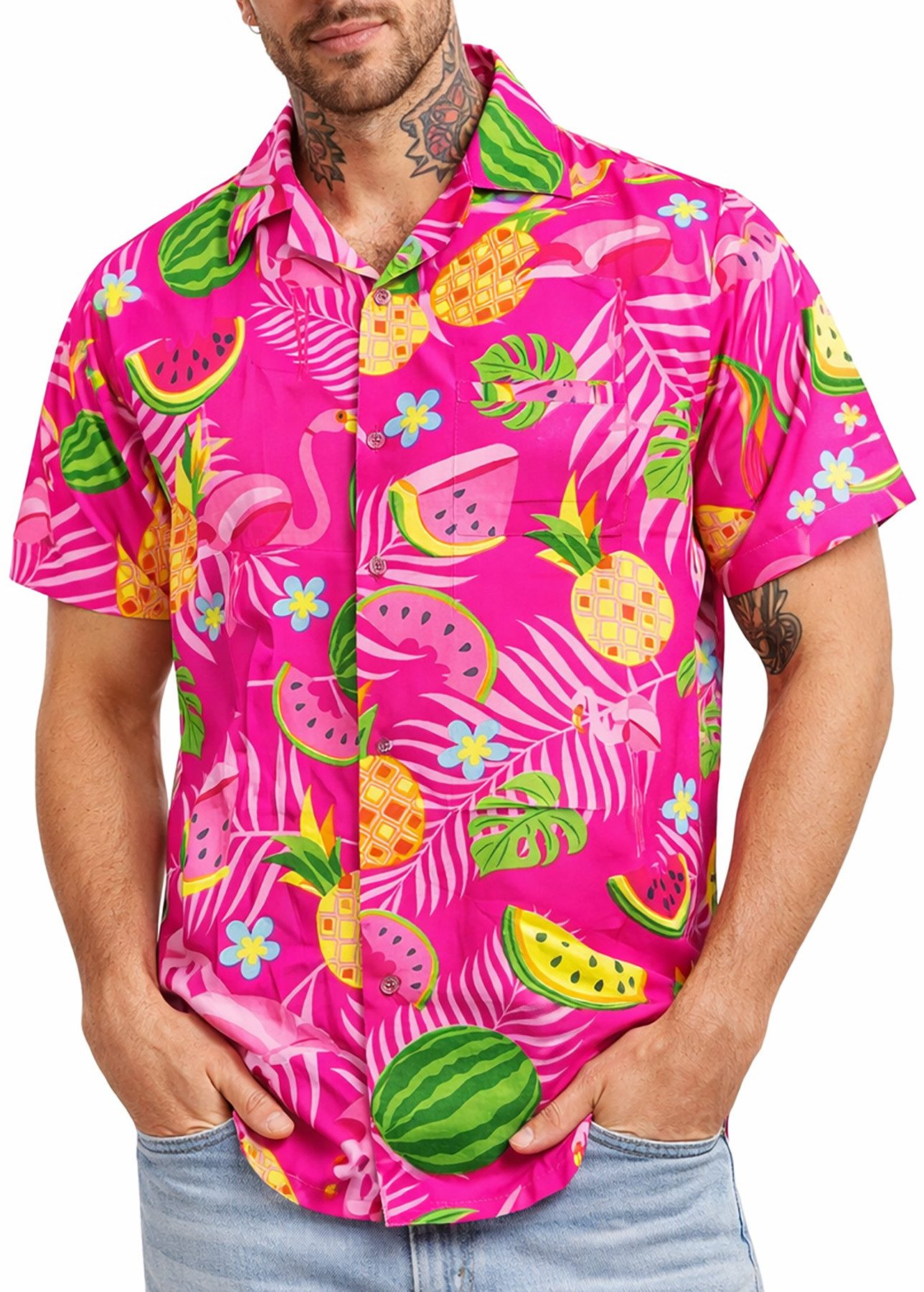 King Kameha Hawaiihemd "Flamingo Melone" Funky Hawaiihemd Herren Kurzarm Fronttasche Stylish