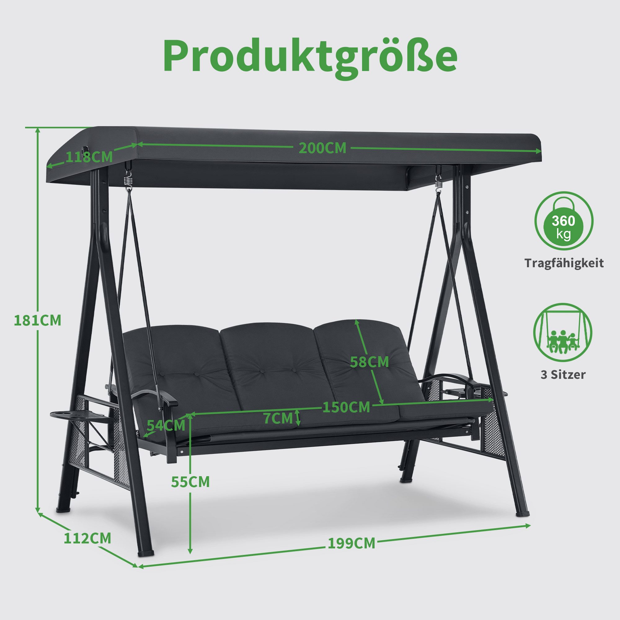 MCombo Hollywoodschaukel MCombo 3-Sitzer Hollywoodschaukel Gartenschaukel 4092, 3-Sitzer, 4093 mit Liegefunktion, 3 Sitzer-Schaukel