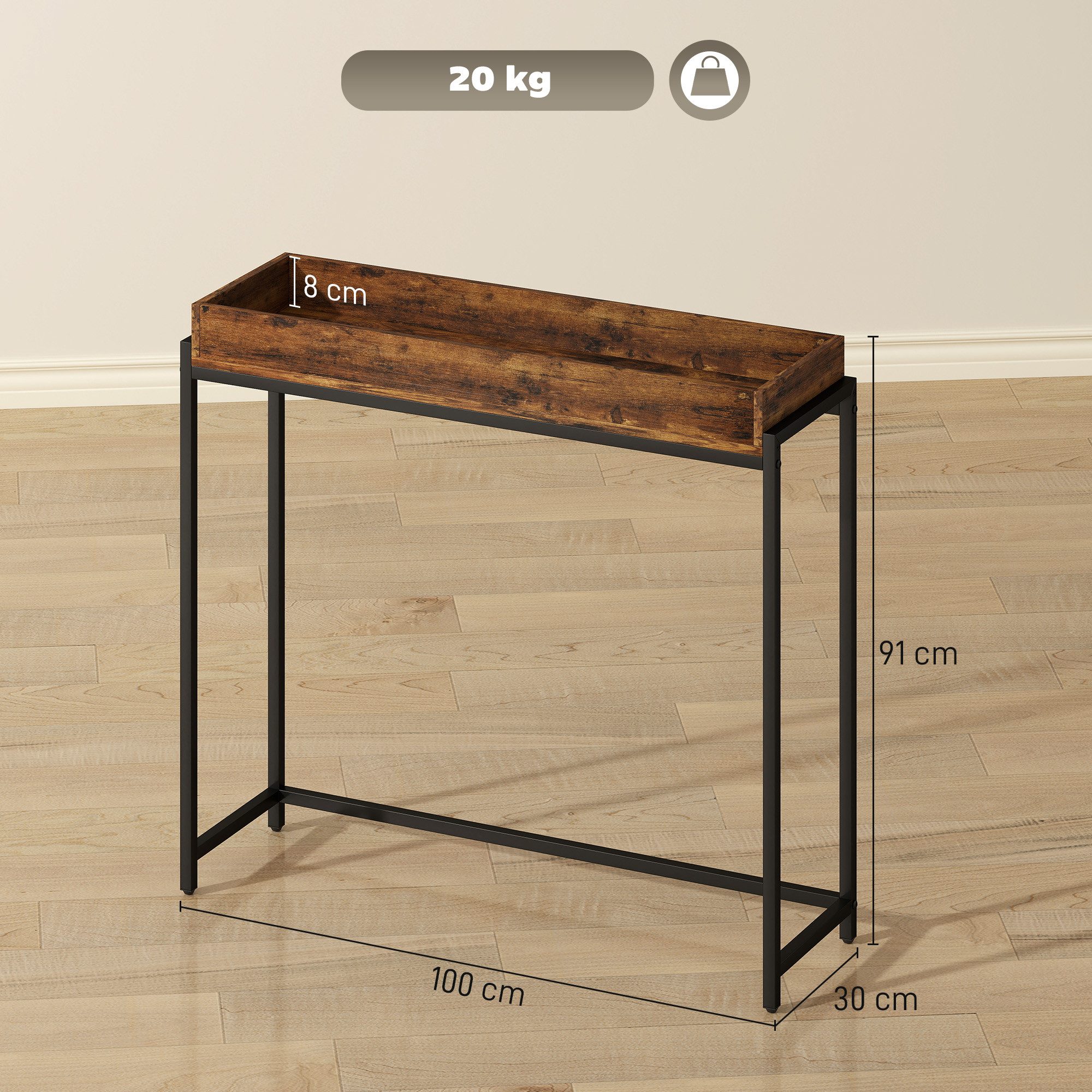 HOMCOM Konsolentisch mit Geländer (Beistelltisch, 1-St., Flurtisch), für Kleinen Raum, Eingang, Flur, Wohnzimmer Rustikal Braun – Bild 3 von 5