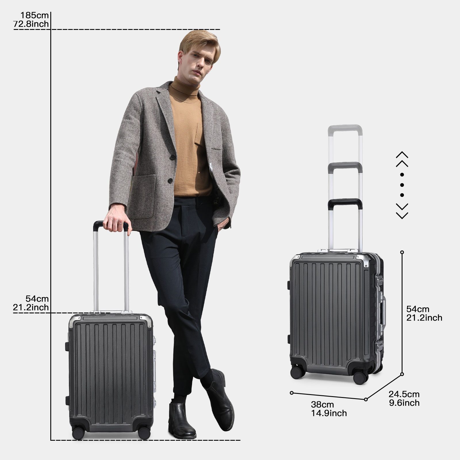 Supercase Handgepäckkoffer PC Trolley, Aluminiumrahmen, 4 Rollen, TSA, Kratzfest, 54x38x23 cm