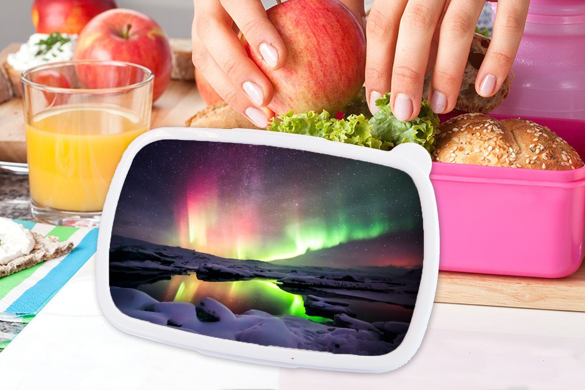 - Kunststoff Nordlichter - Lunchbox MuchoWow Brotdose Kunststoff, Erwachsene, (2-tlg), Brotbox für Island, Schnee Kinder, rosa Snackbox, Mädchen,