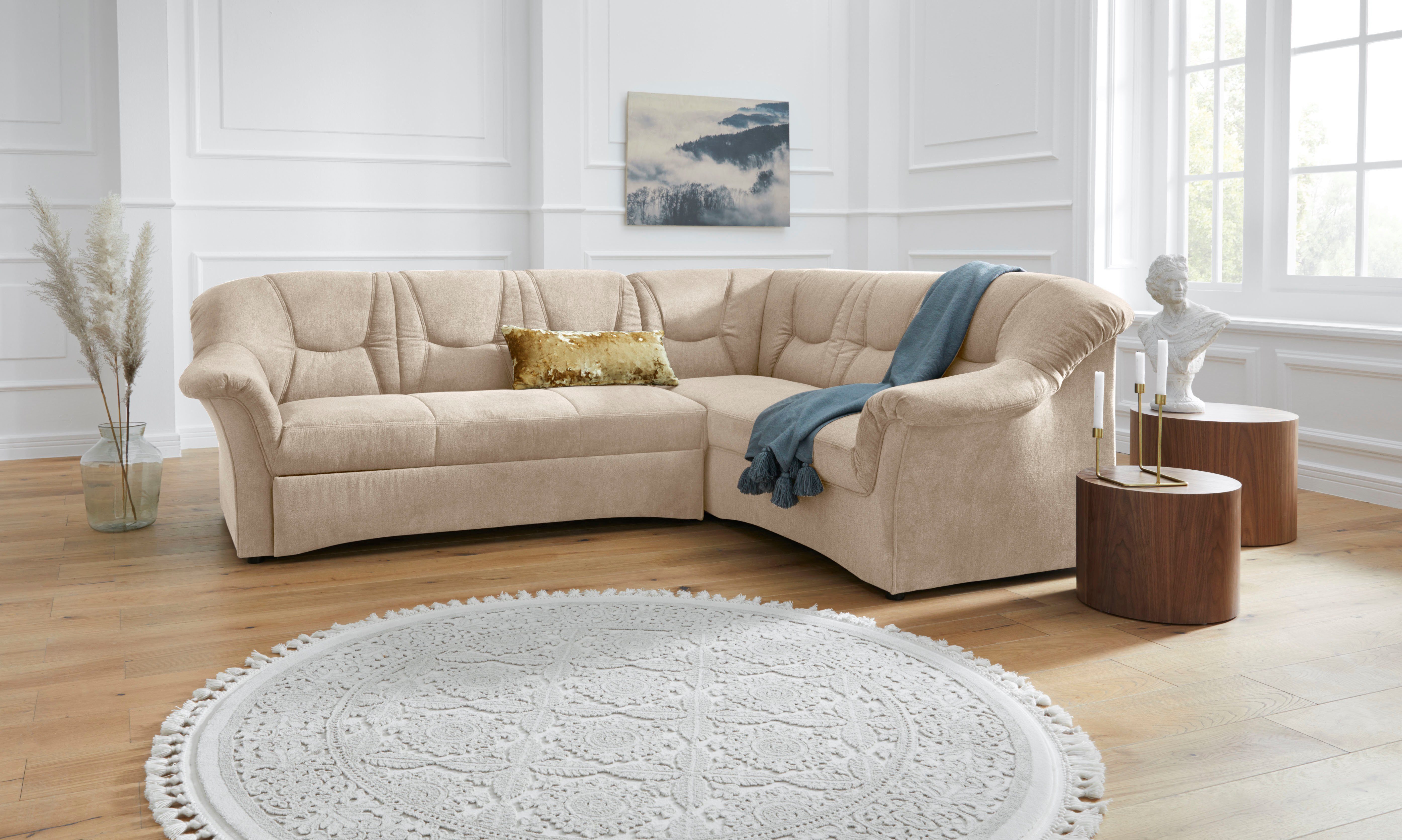 DOMO collection Ecksofa SARAFINA 240x190 cm, auch mit Federkern für mehr Sitzkomfort!, whlw. mit Bettfunktion, elegantes Design, L-Form