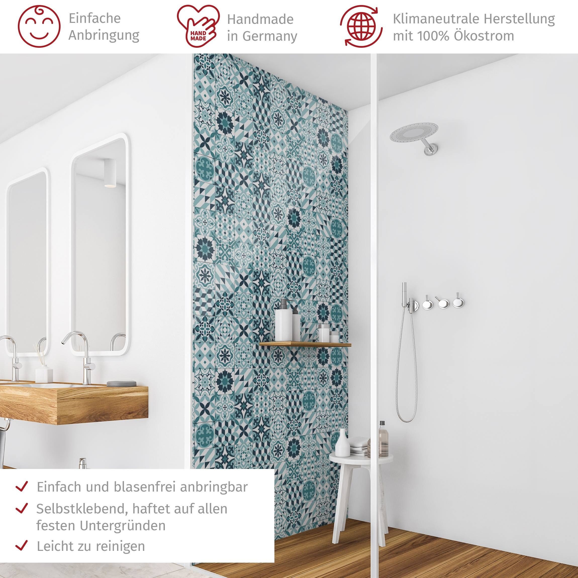 Thumbnail - Bilderdepot24 Badrückwand Fliesenoptik türkis Badrückwand ohne Bohren Illustration, (1-tlg., Hart-Folie Smart matt 0,35 ...