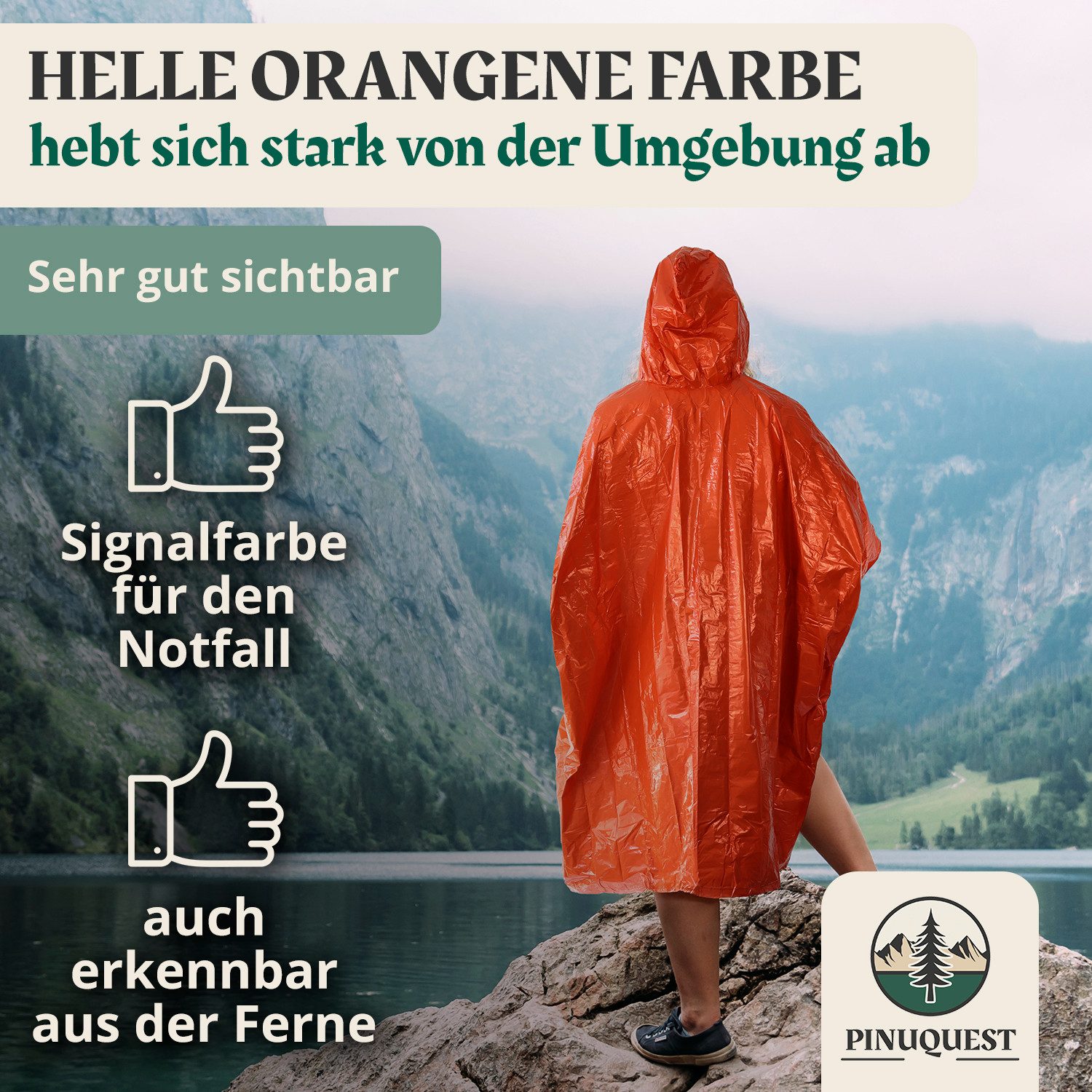 PINUQUEST Regenponcho Notfall-Poncho 26 µm signalorange (2-St) Poncho für Notfälle, Notponcho Wärmereflexion, wasserdicht winddicht