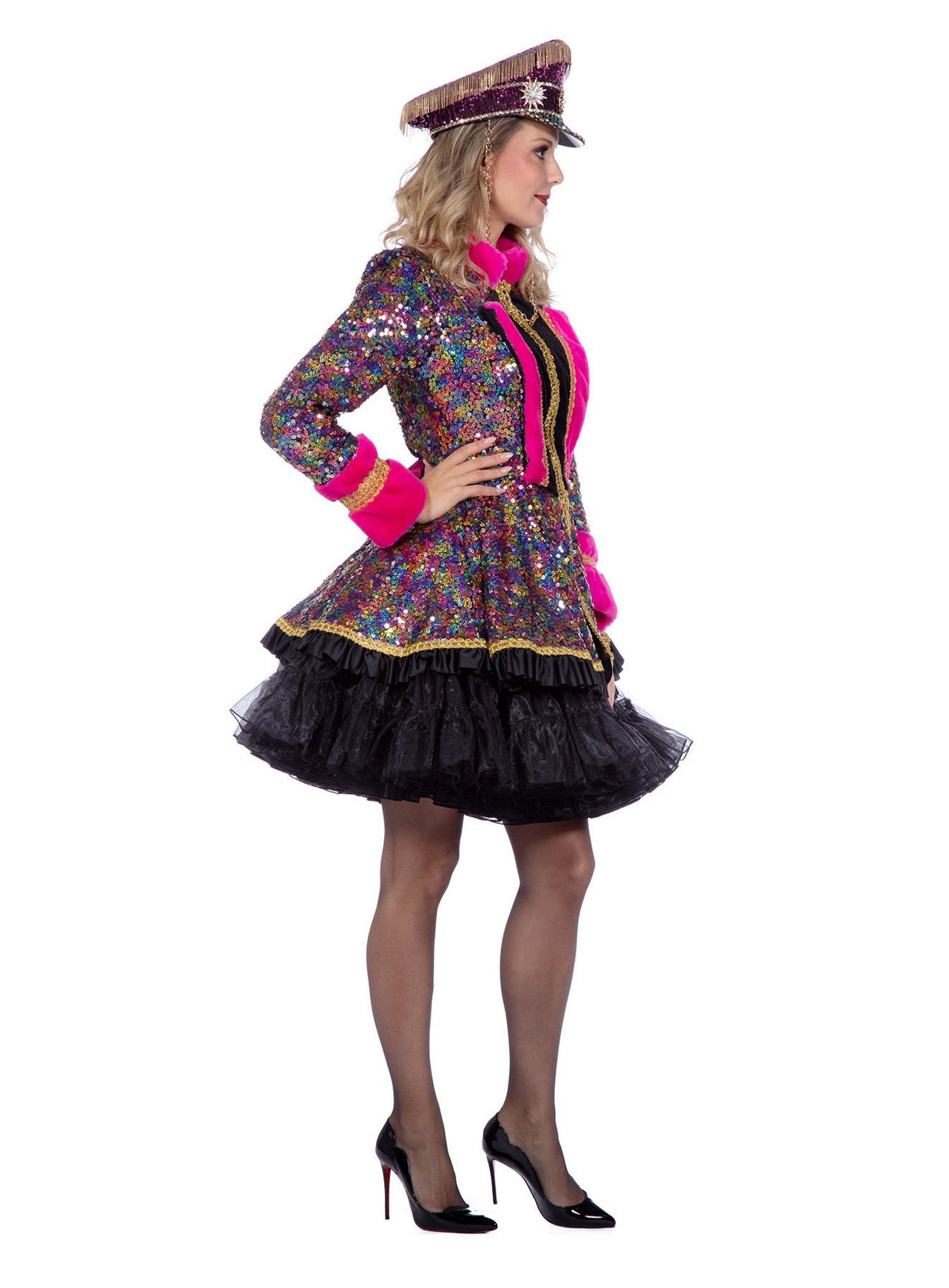 Metamorph Kostüm Gardejacke für Damen mit bunten Pailletten, Damenmantel für Karneval mit unzähligen bunten Pailletten