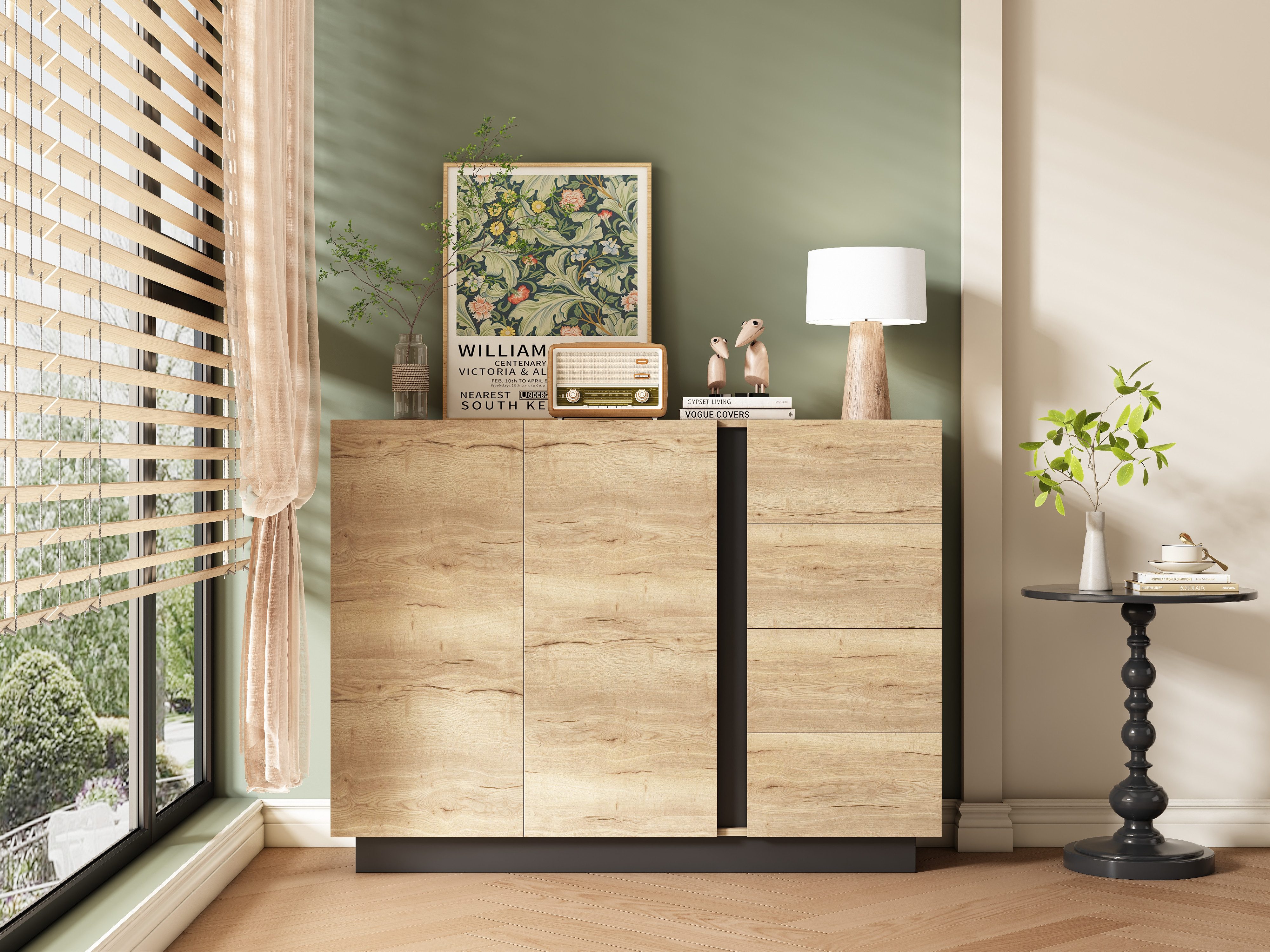 Refined Living Sideboard Sideboard Kommode Anrichte Aufbewahrungsschrank 120 cm (für Wohnzimmer, Esszimmer und Küche, 1 St., mit 4 Schubladen und 2 Türen, Schwarz/Naturholzoptik), Push-to-Open, hohe Füße, Mit Kippsicherung