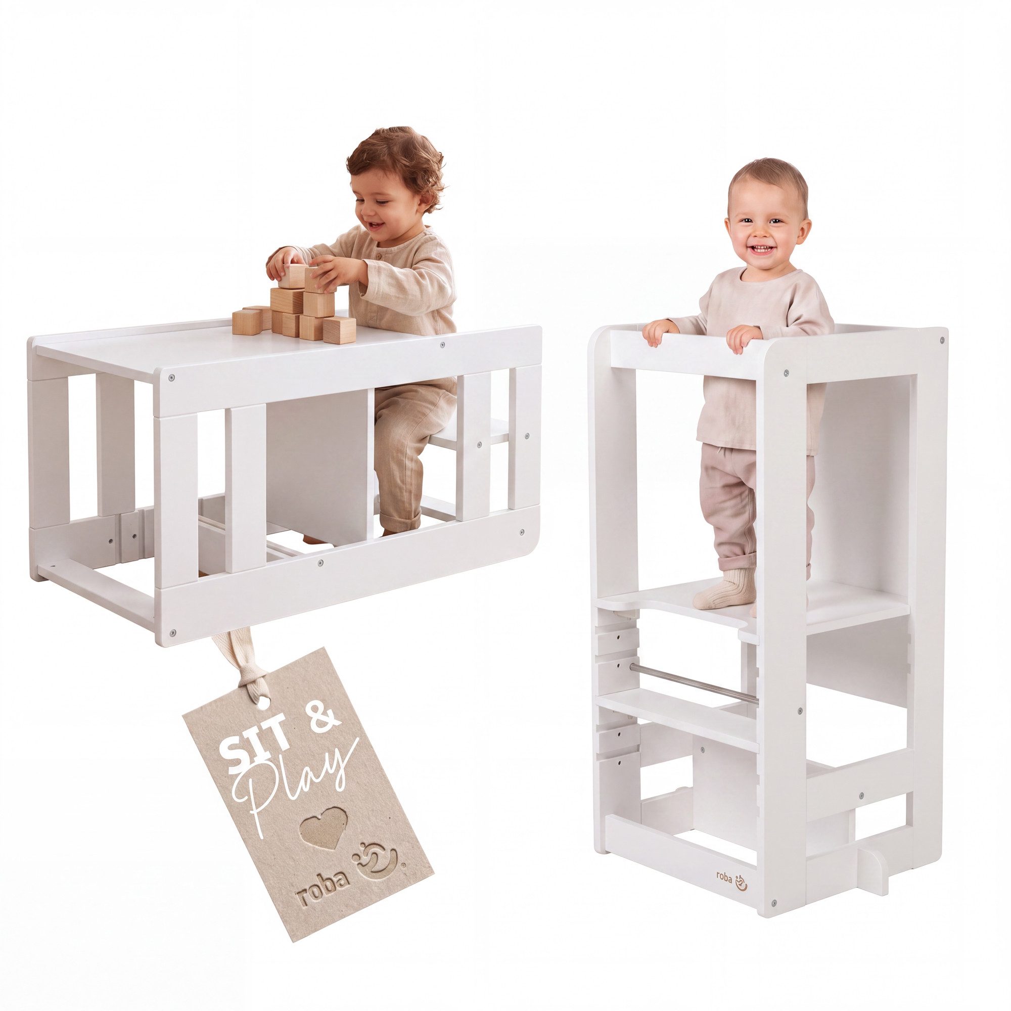 roba® Stehhilfe 2 in 1 Lernturm "Step & Play" - aus Holz - Montessori Küchenhelfer, auch nutzbar als Tisch mit Sitz - praktisch vielseitig
