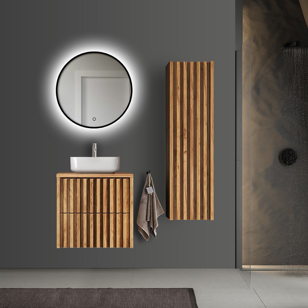 Lomadox Hochschrank DESIO-107 Eiche mit Lamellen-Front, B/H/T: 34/125/36 cm