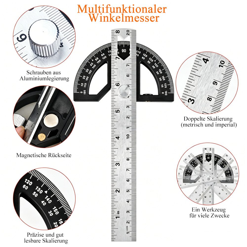 AFKSMILE Winkelmesser Tischler-Winkelmesser, Winkelmesser mit 20cm Langer Markierungsskala, L:20 cm, Winkelmesser mit 0–180-Grad-Skala, Ideal für Heimwerker und Tischler