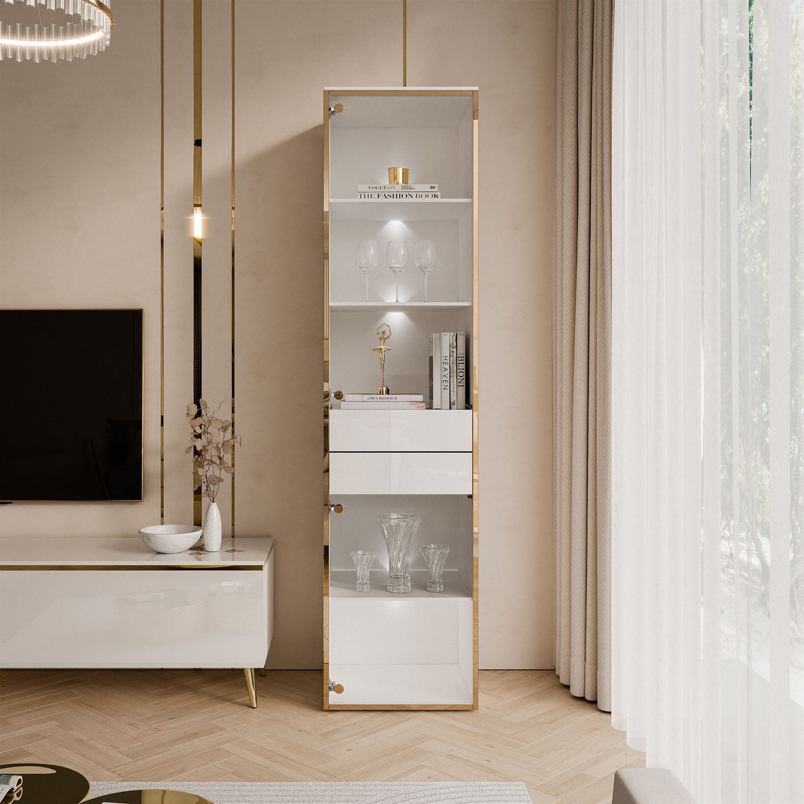 ALLHOUSE24 Vitrine PEONY Breite 45 cm Glasvitrine mit LED Beleuchtung weiß gold GLANZ (1x Vitrine) Breite 45 cm – Bild 4 von 5
