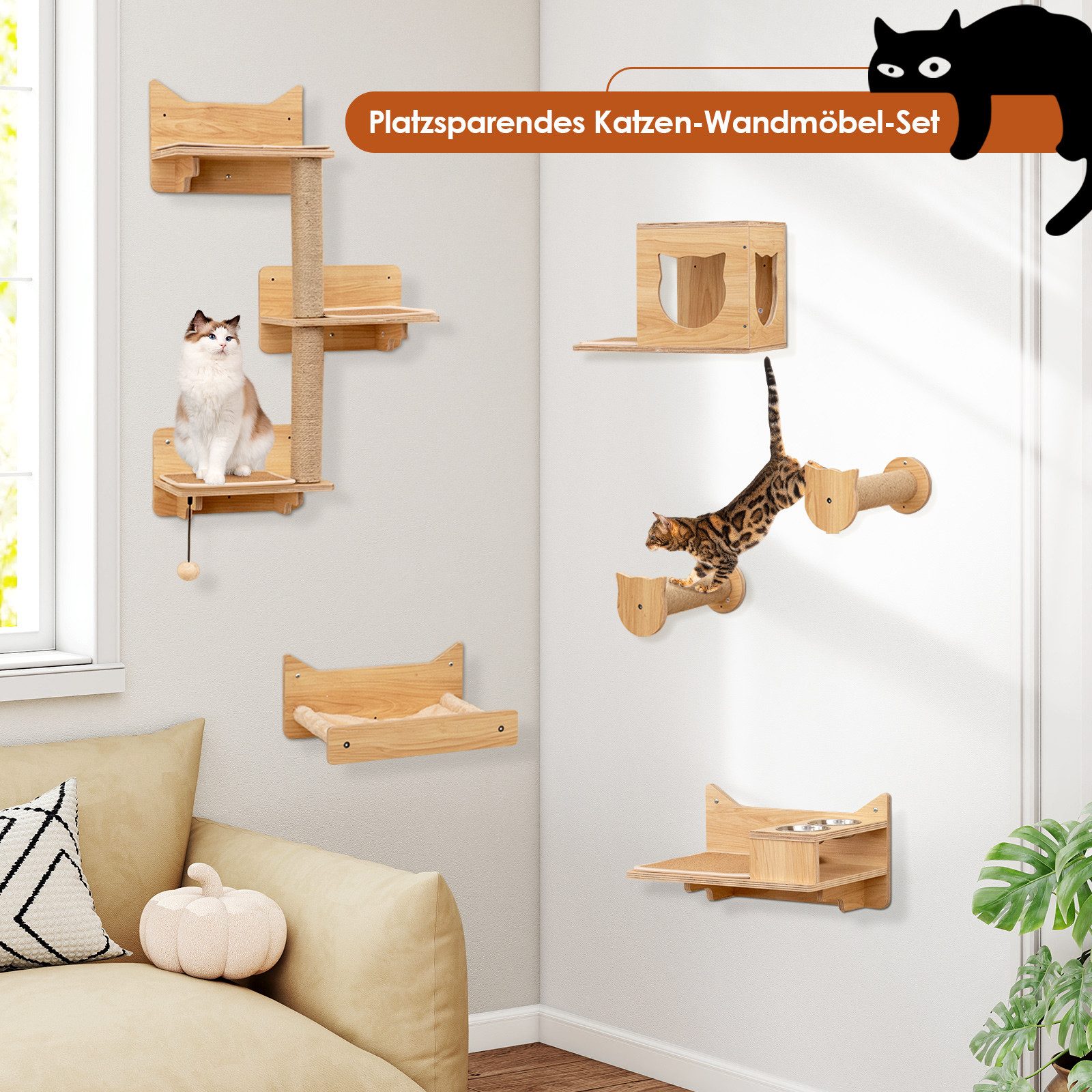 COSTWAY Kratzbaum, 6 tlg. Kletterwand, Katzenbaum, Katzenhaus, Hängematte