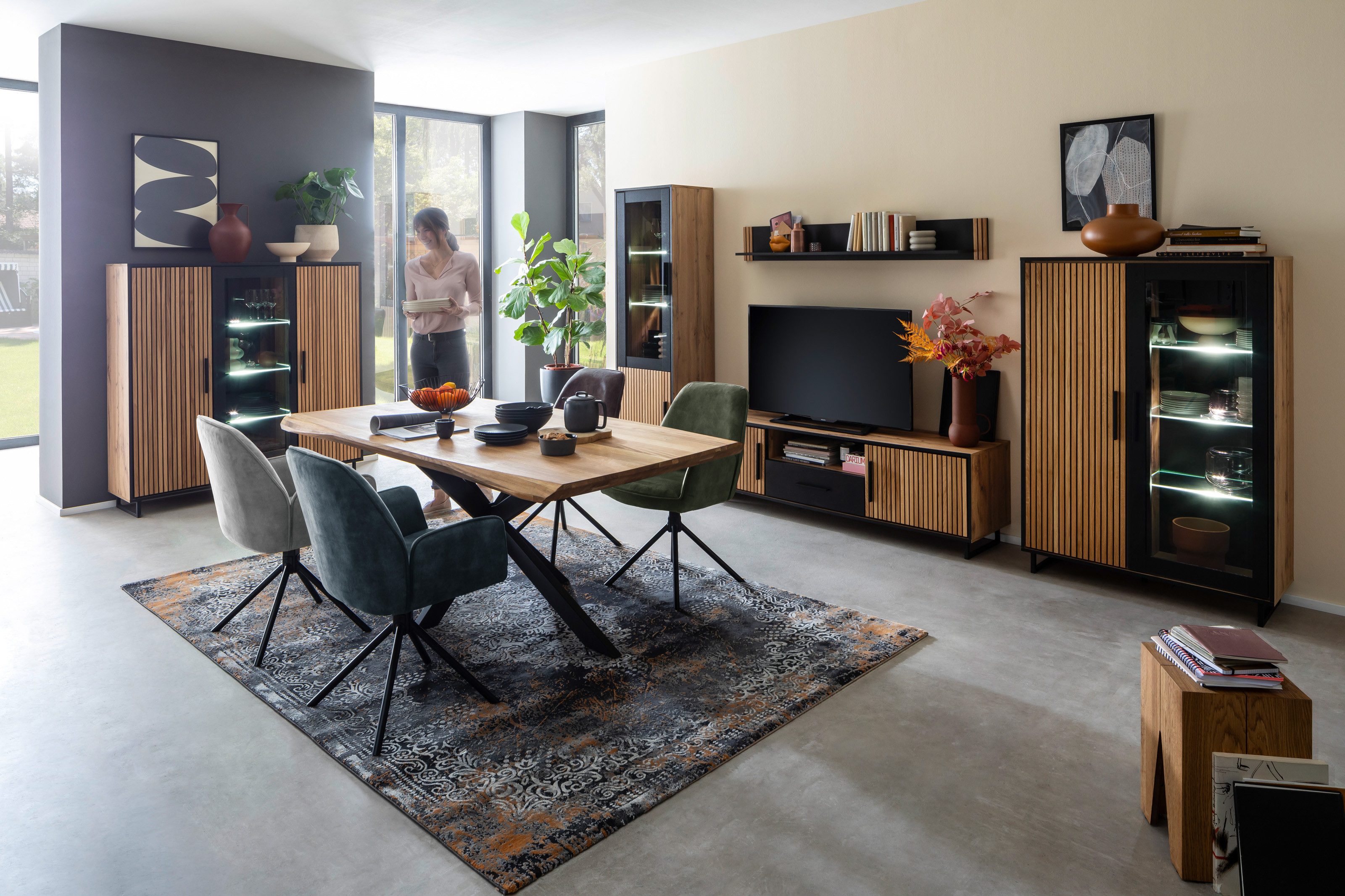 Lebenswert Highboard Eddie, in Eiche / schwarz, Eiche teilmassiv - 146x147x günstig online kaufen