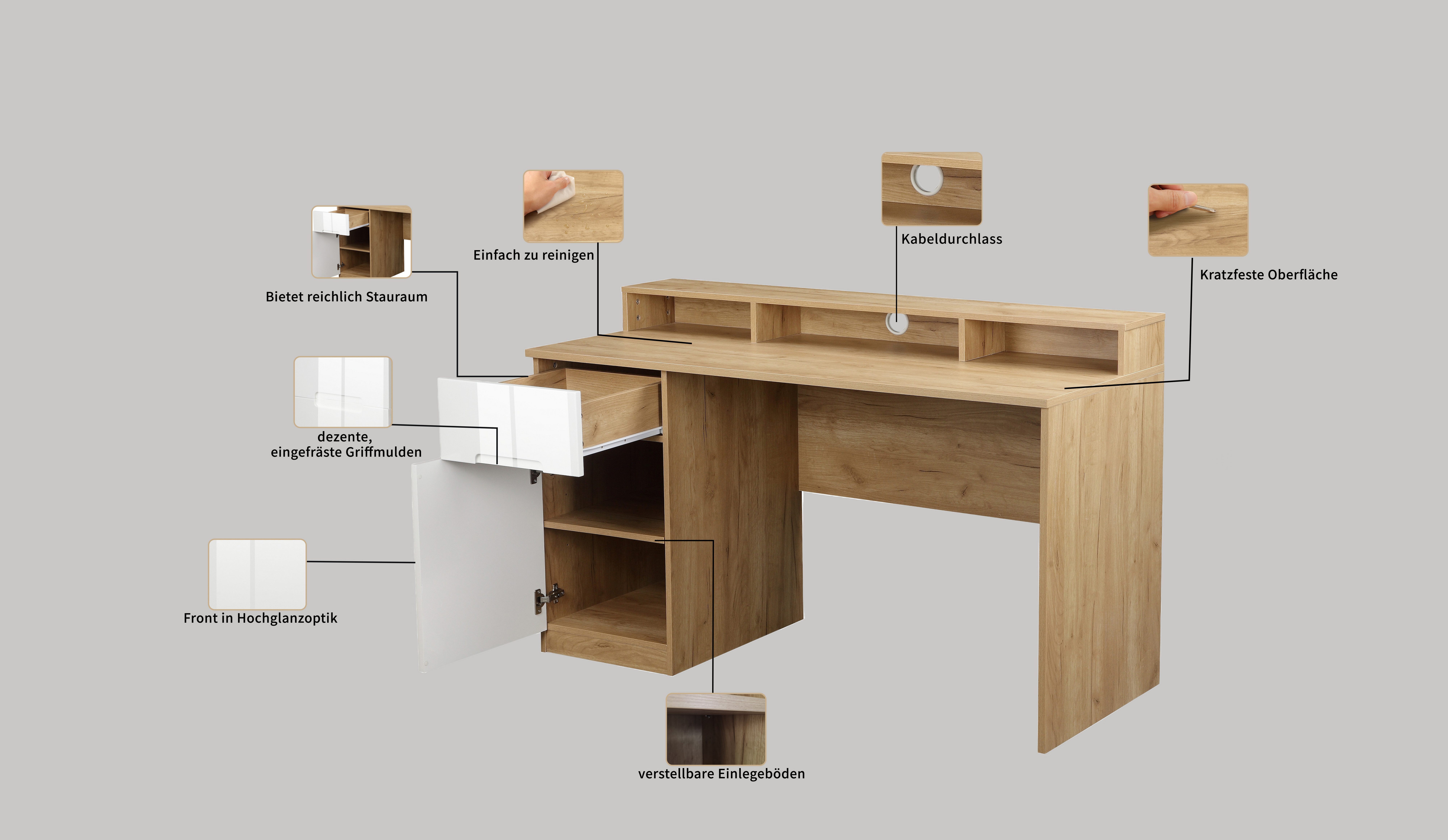 OTTO home Schreibtisch Lund (Computertisch mit Kabeldurchlass & Schublade), Monitoraufsatz, Hochglanzfronten, Breite 140 cm