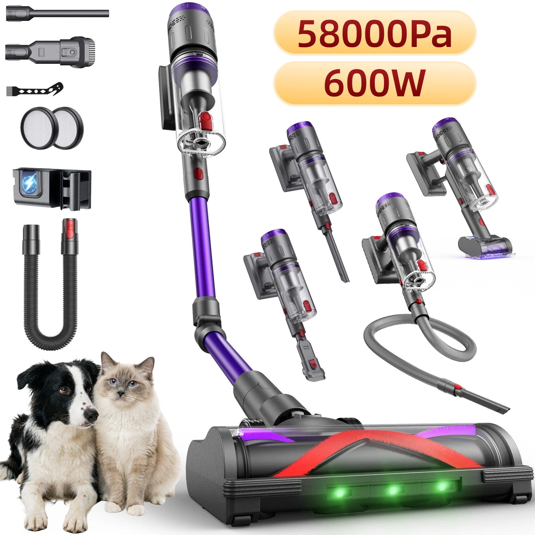 Circlio Akku-Stielstaubsauger Akku Staubsauger mit 600W/58KPa Extrem-Saugkraft, Staubsauger Kabellos, 600 W, beutellos, Selbststehend Design, Akkusauger für Teppich, Hartboden, Tierhaare