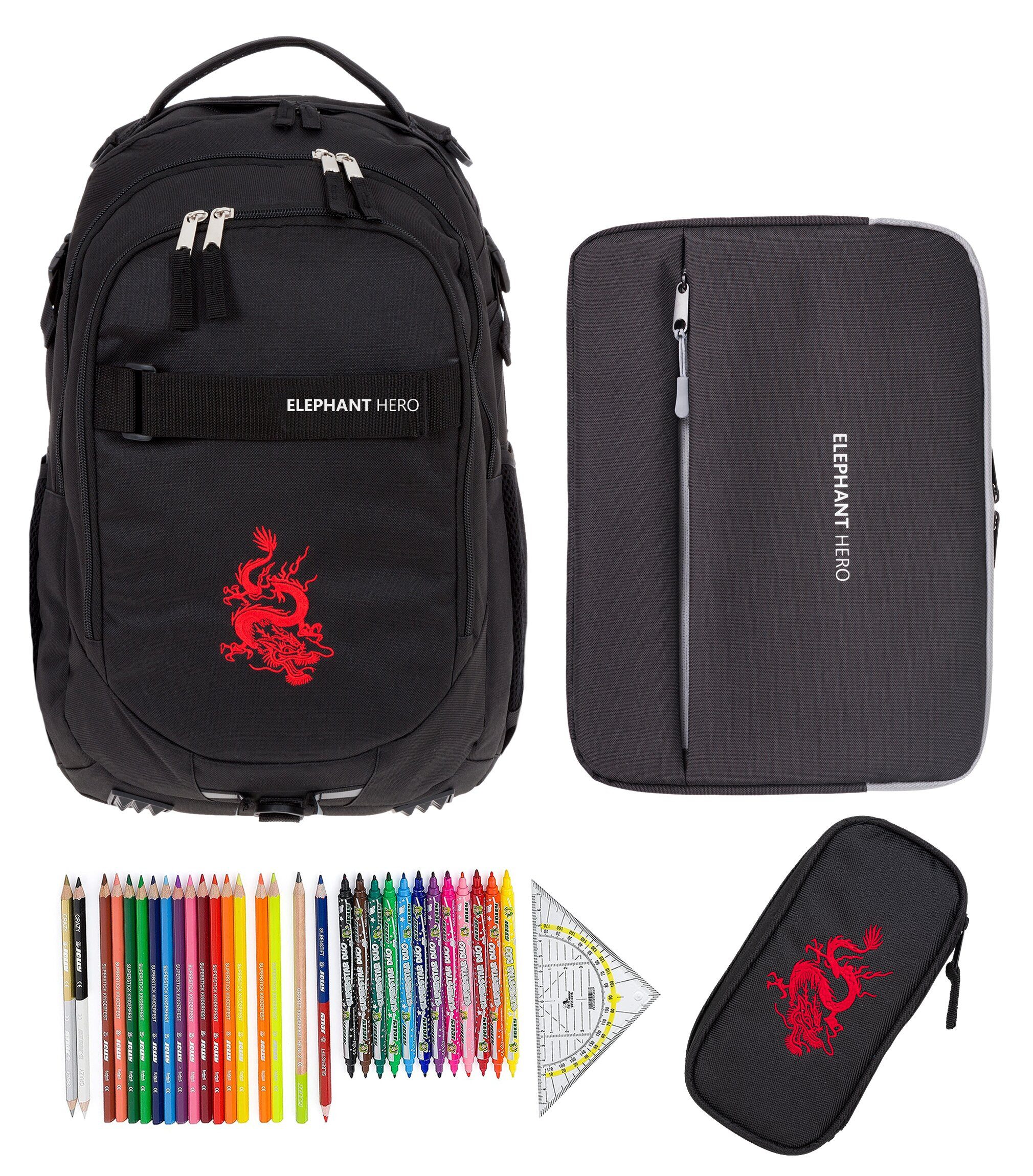 ELEPHANT Schulrucksack Hero Signature Schultasche Digital Ready Set (4 Teile Schulrucksackset, 4-tlg., inkl. Mäppchen Box + Laptop Hülle Sleeve + 31 Teile Stifte), Rucksack Schulmappe Jungen Mädchen +rmlv