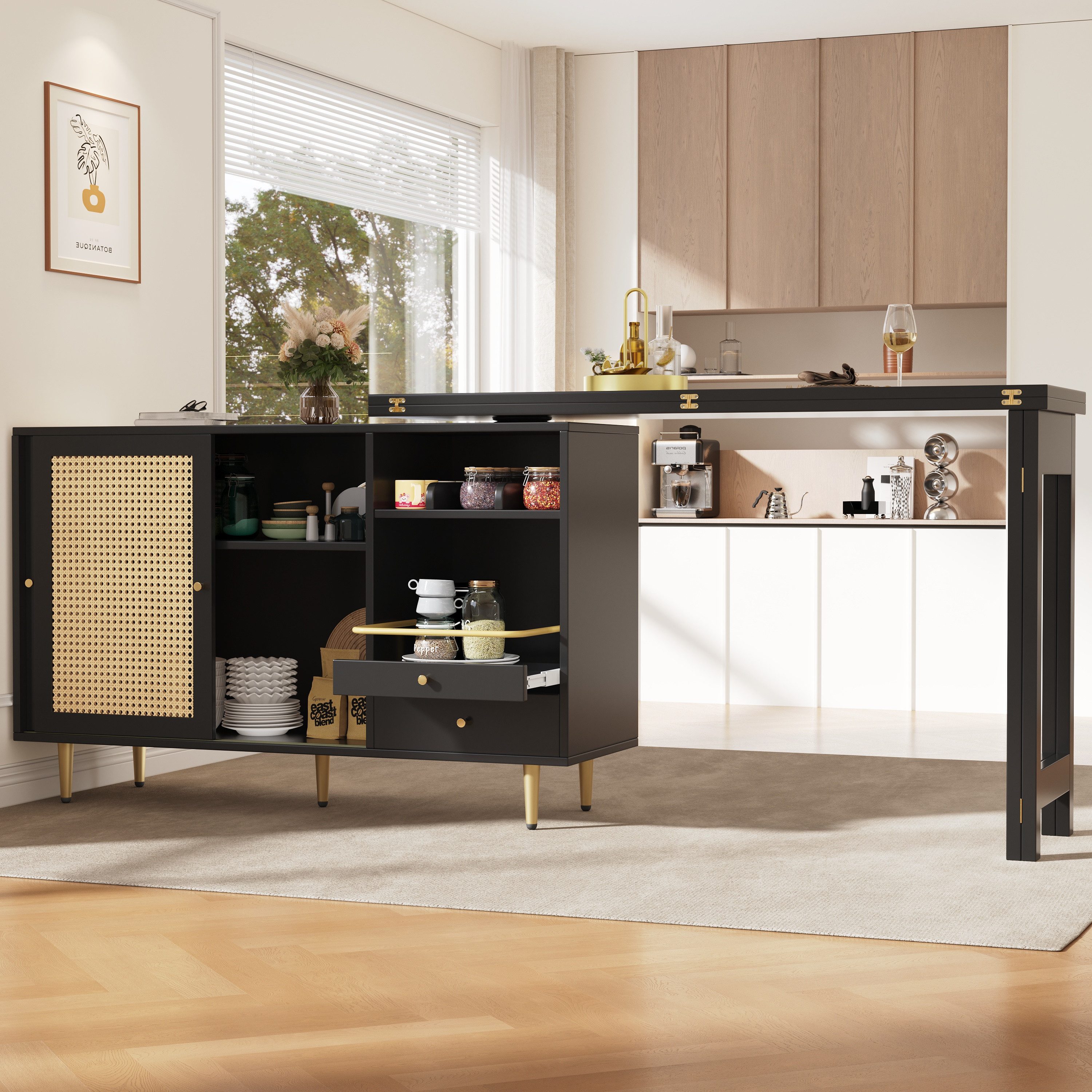 Flieks Bartisch 360° drehbar (Set, 1-St., klappbare Tischplatte 40-80cm Tiefe/120-187cm Breite), ausziehbar Stehtisch mit Sideboard Esstisch mit Rattan-Schiebetür
