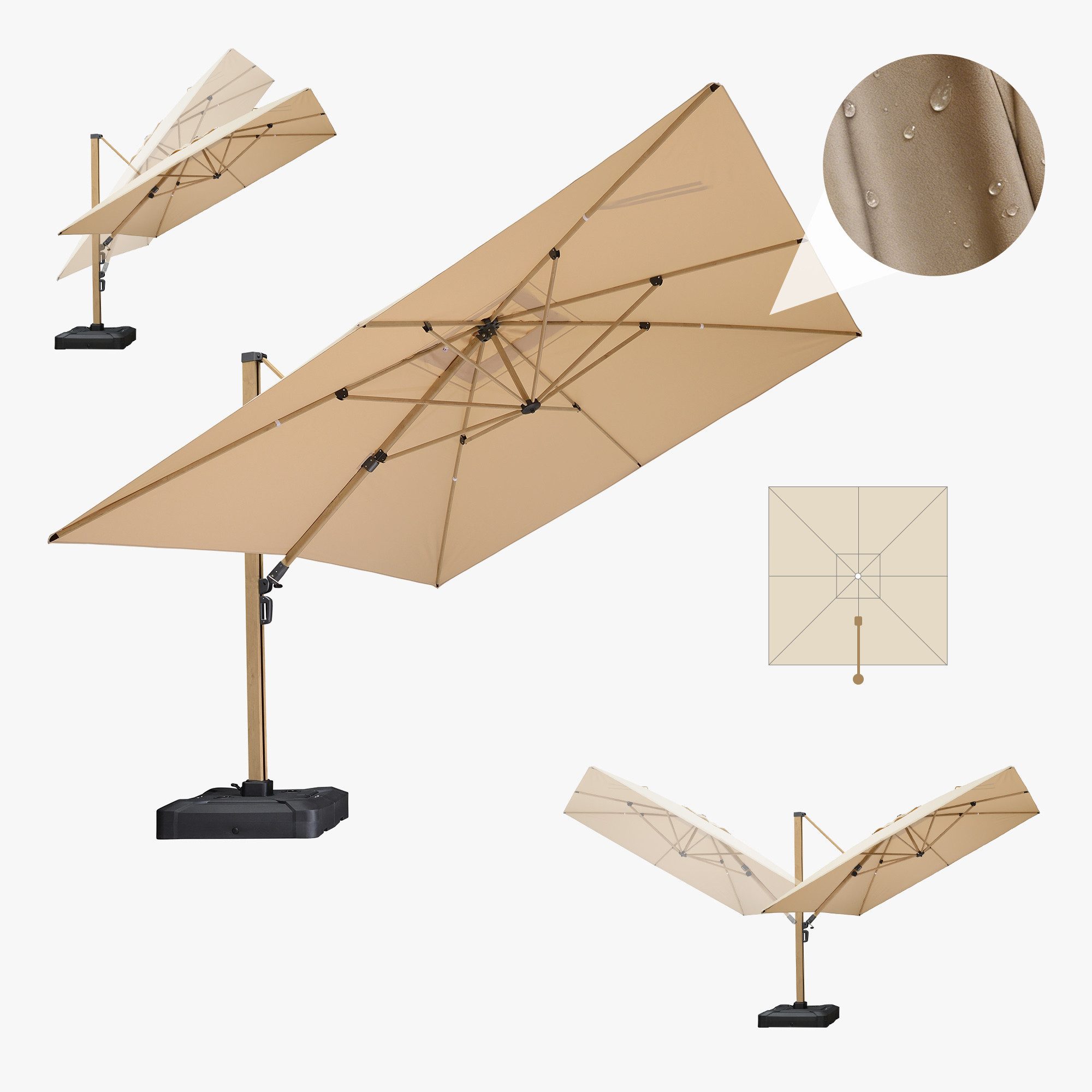 PURPLE LEAF Sonnenschirm Großer windfester quadratischer Ampelschirm, Teak-Aluminiumgestell, LxB: 300,00x300,00 cm, Helle Holzmaserung, 360° drehbar, höhenverstellbar, UV-beständig, 360° drehbar