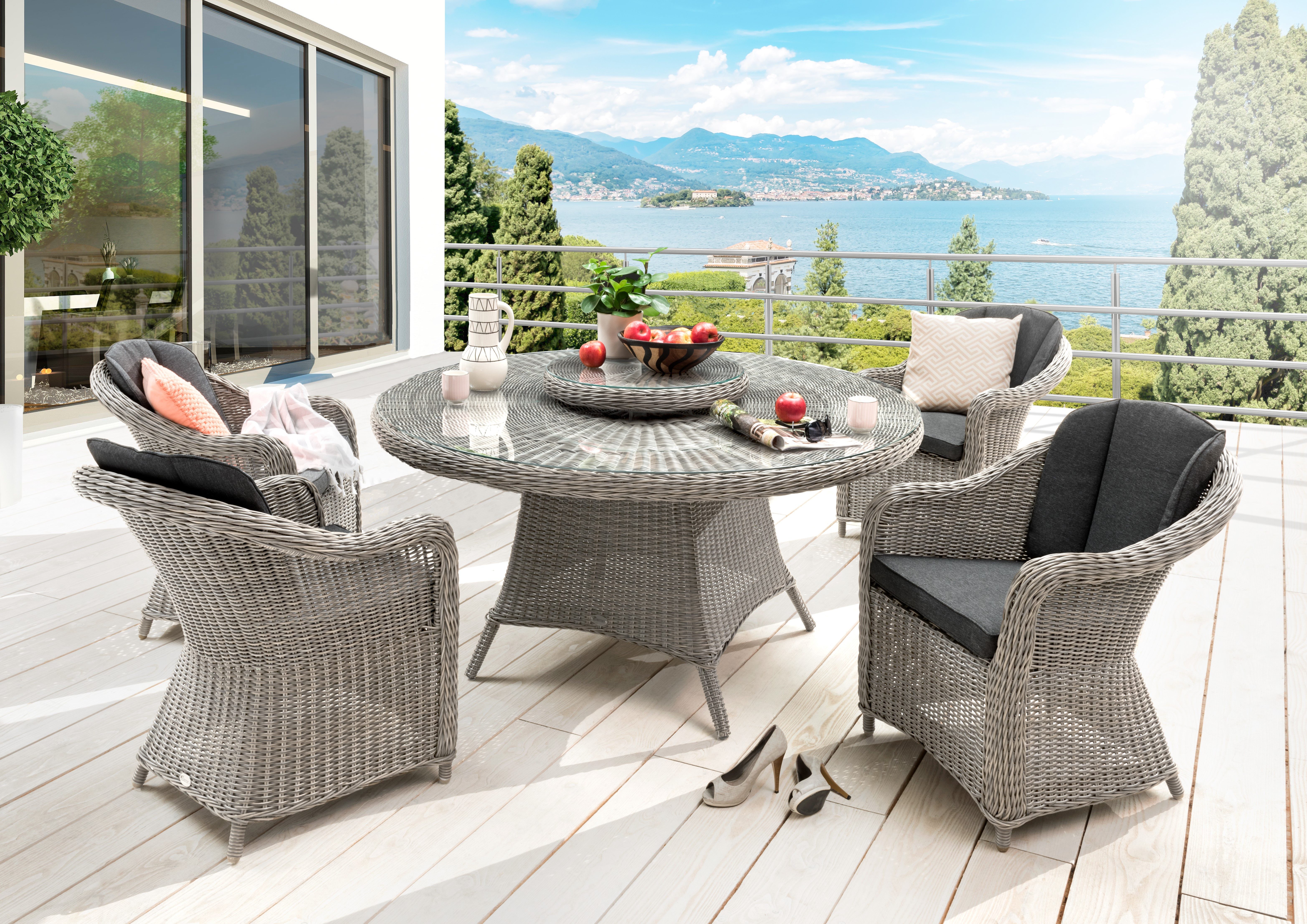 Destiny Garten-Essgruppe MALAGA LUNA 4 Se + Tisch Ø 150x75cm, vintage weiß, (Set, 14-tlg., 4 Sessel inkl. Polster, 1 Tisch mit aufgelegter Glasplatte), Aluminium, Polyrattan
