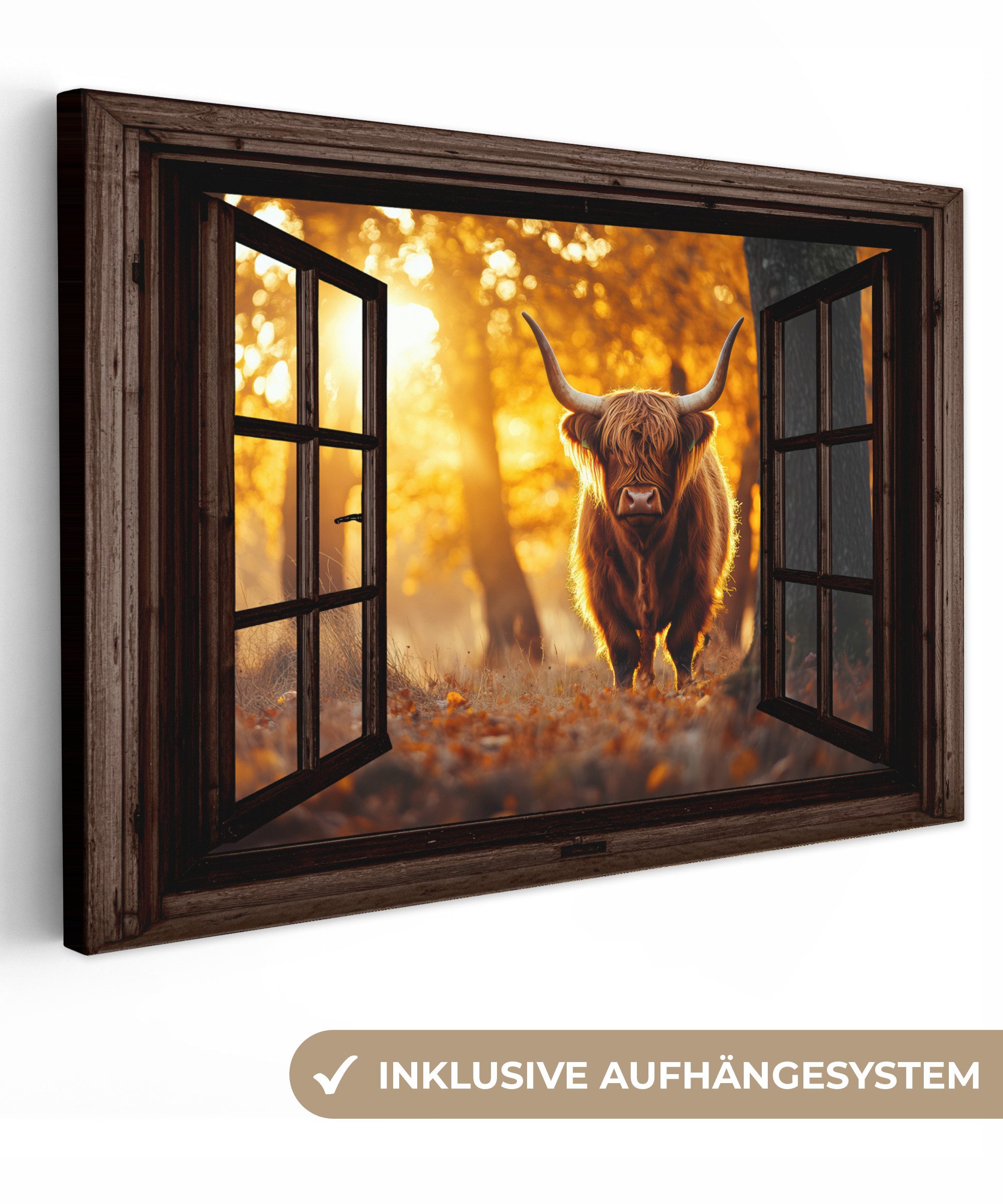 OneMillionCanvasses® Leinwandbild Schottischer Highlander - Wald günstig online kaufen