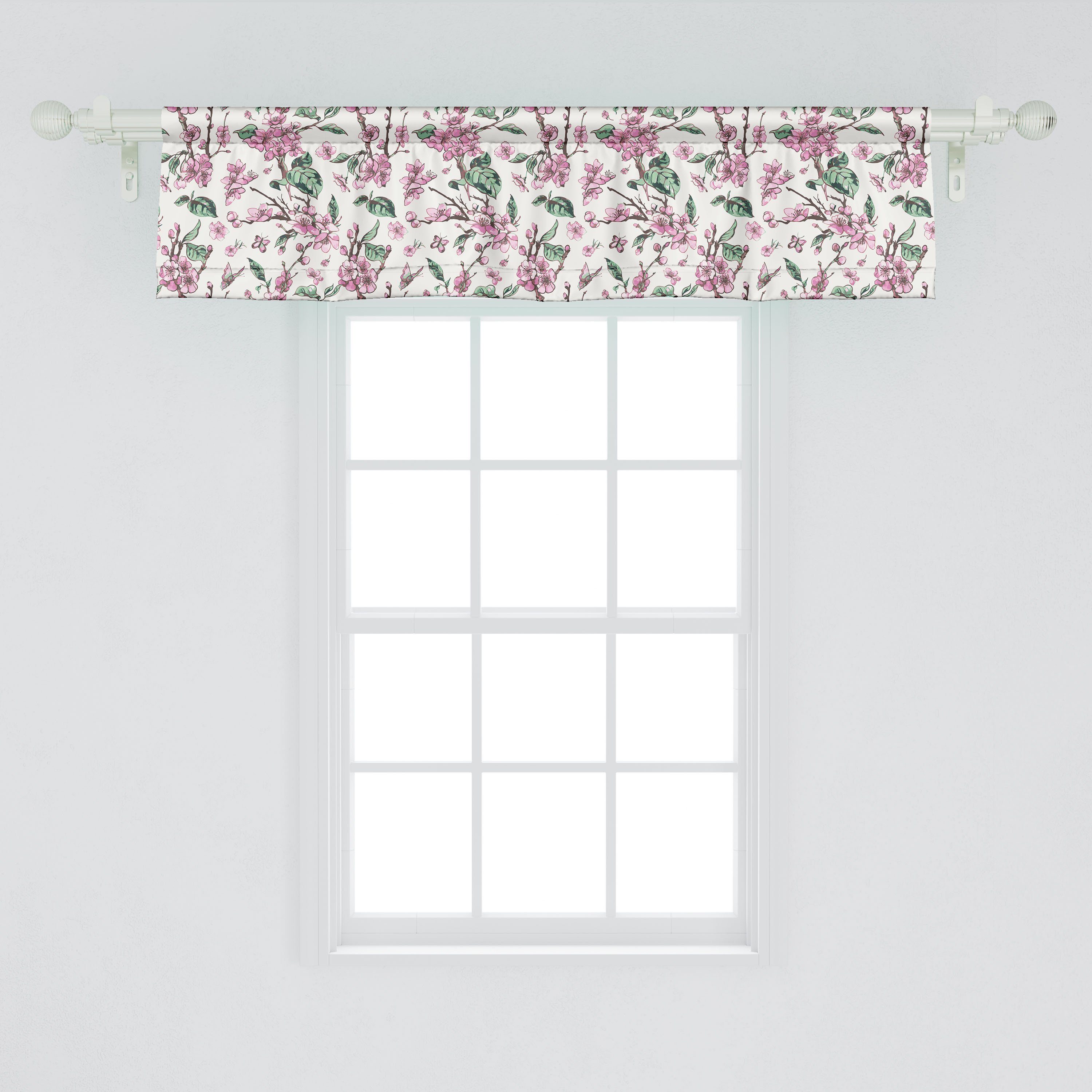 Scheibengardine Vorhang Volant Microfaser, Küche Schlafzimmer mit Stangentasche, Blumen Vintage-Blüten-Schmetterlinge Abakuhaus, Dekor für